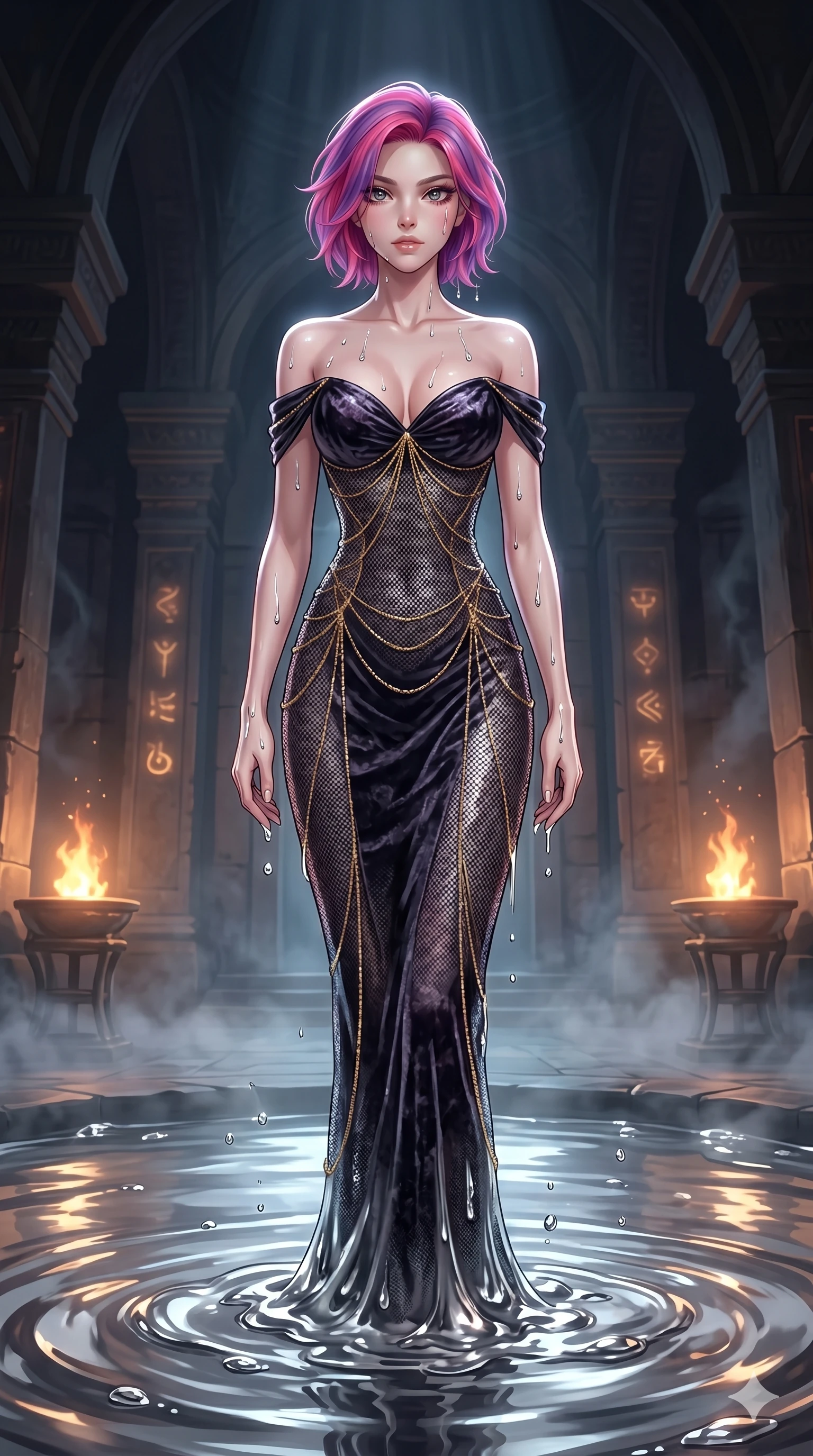 score_9, masterpiece, best quality, ultra-detailed, High-budget Anime Keyframe, East Asian woman. Dynamic full-body shot stretching the vertical silhouette to the limit. Scenario 164: Rising from a pool of mercury-like liquid, droplets rolling off her skin. Her presence is magnetic and overpowering in this high-budget anime scene. Outfit 164: A crushed dark velvet micro-mesh with a low-cut shoulder and fine gold chains. The clothing is designed to emphasize her exceptionally tall and slender 8-heads proportion. 8-heads proportion, towering silhouette, ultra-slim waist. sharp v-shaped jawline, intricate jewel-like eyes with depth, thick eyelashes, glossy lips. 2k, ultra detail, master piece, 9:16 ratio