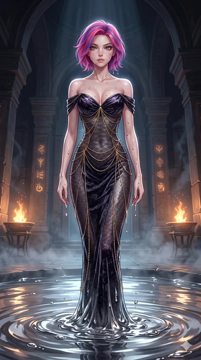 score_9, masterpiece, best quality, ultra-detailed, High-budget Anime Keyframe, East Asian woman. Dynamic full-body shot stretching the vertical silhouette to the limit. Scenario 164: Rising from a pool of mercury-like liquid, droplets rolling off he