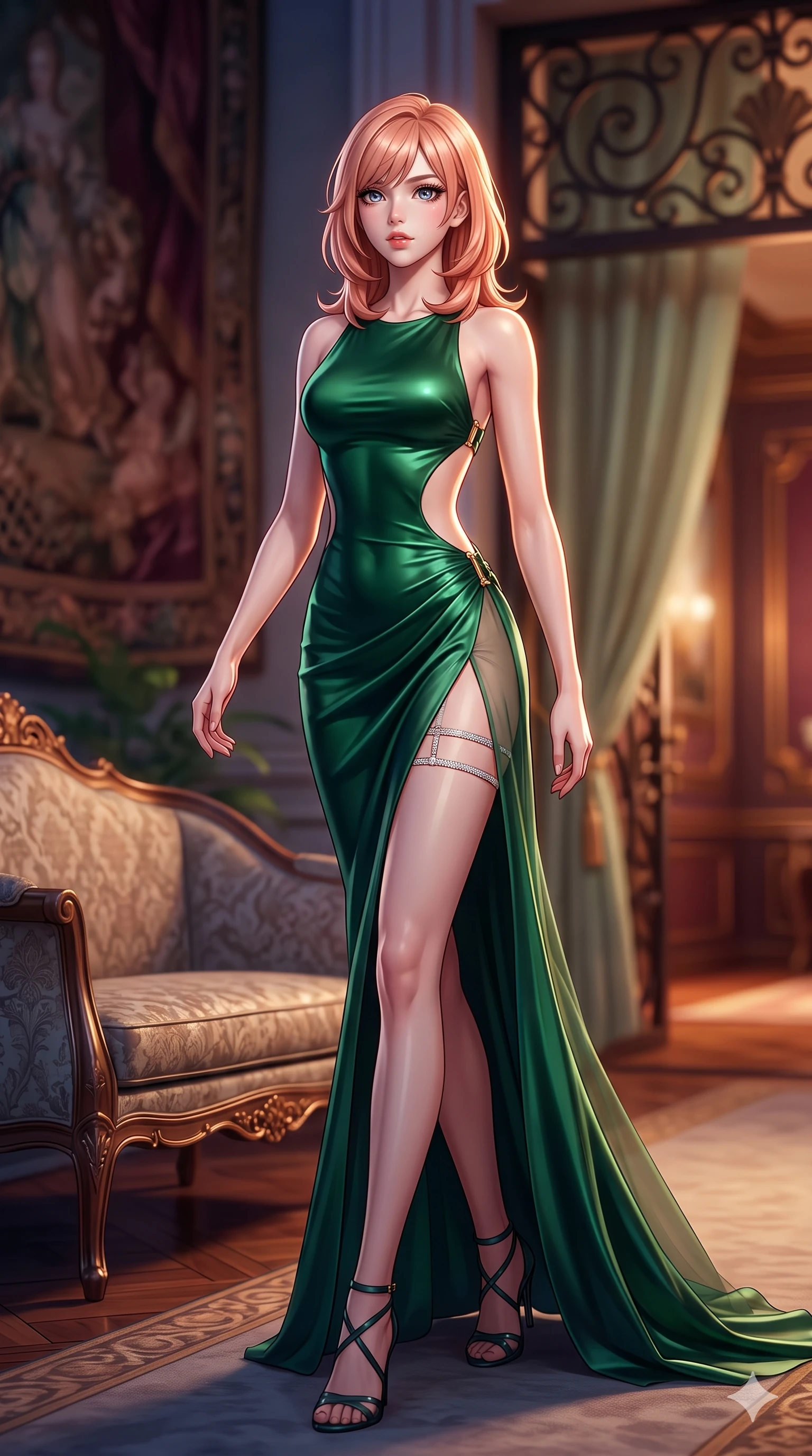 score_9, masterpiece, best quality, ultra-detailed, high-budget anime keyframe, semi-realistic 3D game render, editorial fashion photography, tasteful artistic composition, Japanese woman. low angle full-body shot from head to toe showing her feet, filling the entire 9:16 vertical frame with her statuesque presence, stretching her vertical silhouette. striding across the penthouse terrace as river breezes whip her high-slit dress open, accentuating her long slender legs and curvy hips while twisting her slender torso in an alluring contrapposto stance beside the settee, antique silk embroidery reflections tracing her narrow waist and curvy hips. The background shows a soft-focus hand-woven French silk tapestries, antique wrought-iron scrollwork, and gilded salon wainscoting blurred into burgundy, bronze, and sage bokeh. She has an exceptionally tall and slender model-like 8.5-heads proportion, an ultra-slim waist, a flat toned midriff, narrow delicate ribcage, and beautifully sculpted feminine hips creating a graceful, slim hourglass silhouette without any bulky heaviness, with impossibly long slender legs. sharp v-shaped jawline, high-bridge nose, intricate jewel-like sparkling eyes with depth, thick eyelashes, glossy parted lips with a natural sheen, intensely captivating and seductive bedroom-eyes expression, exuding both youthful cute charm and sovereign luxury allure, flawlessly proportioned anatomical accuracy, strict slender model proportions, natural body alignment, perfectly sculpted long slender limbs, ultra-slim waistline, clean dynamic posture without body distortion. wearing a sculptured liquid-satin mermaid gown with an architectural open-waist cutout and bare spine in deep emerald green satin and gold hardware accents, featuring strategic sheer-illusion tulle side panels framing her ribcage and hips, finished with delicate crystal-encrusted thigh garter straps glinting in the dim light, the form-contouring material adhering flawlessly to her sculpted flat midriff and slender torso, emphasizing her long leg lines and perfectly proportioned willowy build. illuminated by polished parquet bounce and sharp bronze-amber rim lights sculpting her razor-sharp jawline, narrow waist, and curvy hips. highly saturated vibrant anime colors, detailed shading with soft gradients, rich glossy textures, high-contrast stereoscopic depth, volumetric dynamic lighting, master piece, 9:16 ratio