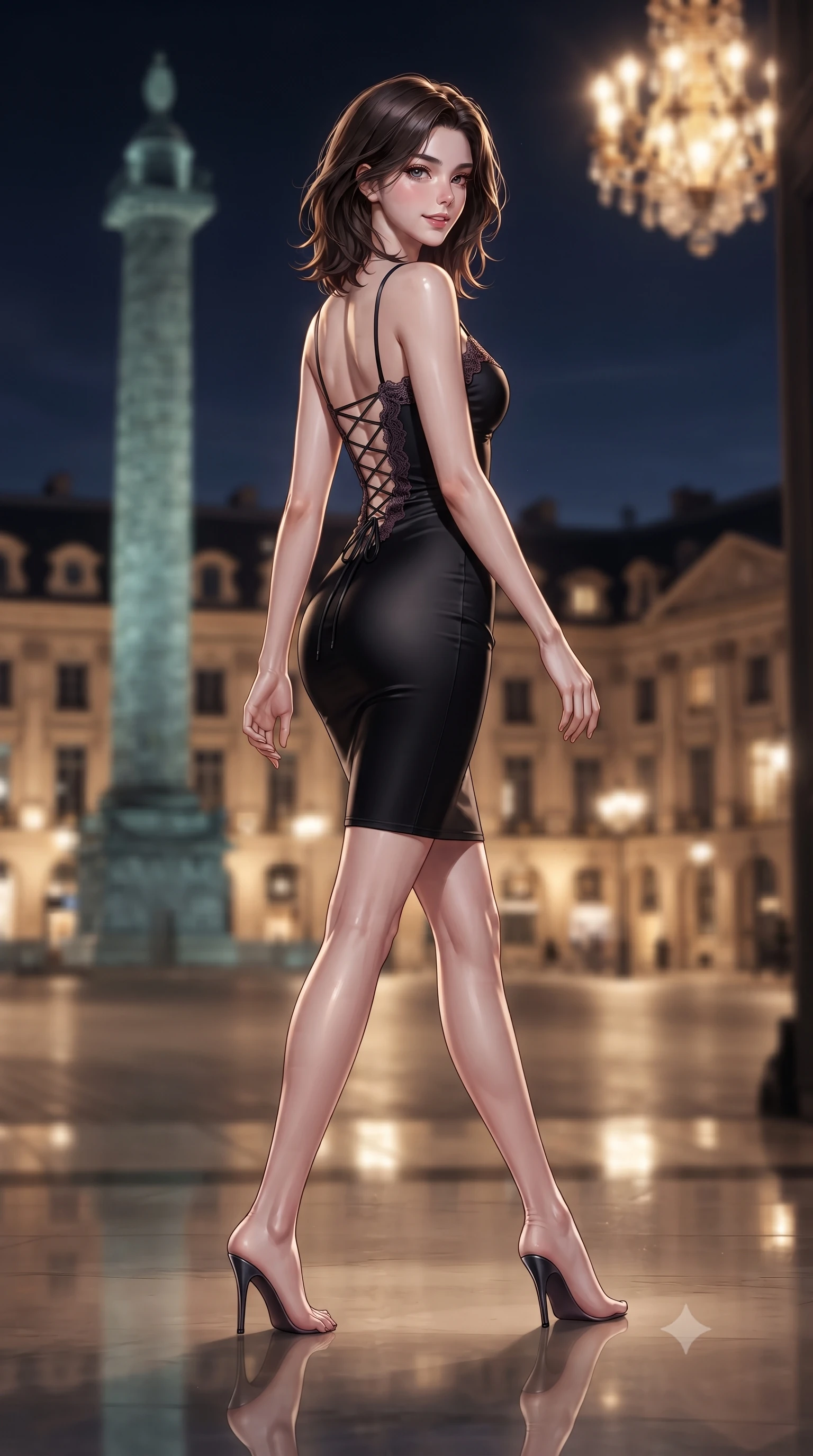 score_9, masterpiece, best quality, ultra-detailed, high-budget anime keyframe, editorial fashion photography, tasteful artistic composition, Korean woman. low angle full-body shot from head to toe showing her feet, filling the entire 9:16 vertical frame with her statuesque presence, stretching her vertical silhouette. striding forward gracefully across the reflective floor with sovereign supermodel poise, hips swaying in an alluring kinetic rhythm that accentuates her curvy hourglass silhouette and long slender legs while posing in an alluring rear three-quarter angle with back turned slightly to Paris night, glancing over her shoulder with an intoxicating, aristocratic gaze. The composition keeps background elements in soft focus with dreamy creamy bokeh. the iconic Place Vendôme bronze column and classical limestone palace facades illuminated in warm gold blurred into champagne, amber, and topaz bokeh. She has an exceptionally tall and slender model-like 8.5-heads proportion, an ultra-slim waist, a flat toned midriff, narrow delicate ribcage, and beautifully sculpted feminine hips creating a graceful, slim hourglass silhouette without any bulky heaviness, with impossibly long slender legs. sharp v-shaped jawline, high-bridge nose, intricate jewel-like dark sparkling eyes with dangerous depth, thick curled eyelashes, glossy parted lips with a rich wine sheen, smoldering seductive half-smile with bedroom-eyes, exuding effortless superiority and intoxicating dark allure, flawlessly proportioned anatomical accuracy, strict slender model proportions, natural body alignment, perfectly sculpted long slender limbs, ultra-slim waistline, clean dynamic posture without body distortion. wearing a strappy black silk slip dress with delicate lace scallop edging along the neckline and hem in rich plum violet and deep onyx black, made of liquid-tight stretch jersey emphasizing every curve of her body, featuring a dramatic criss-cross satin back lacing tracing her slender spine, the form-fitting cut adhering flawlessly to her sculpted flat midriff and slender torso, emphasizing her long leg lines and perfectly proportioned willowy build. bathed in soft interior suite golden chandelier spill and cool midnight Parisian sky ambient fill. ultra-reflective glossy finish, specular highlights, rich textural contrasts, high-contrast stereoscopic depth, volumetric dynamic lighting, 2k, ultra detail, master piece, 9:16 ratio