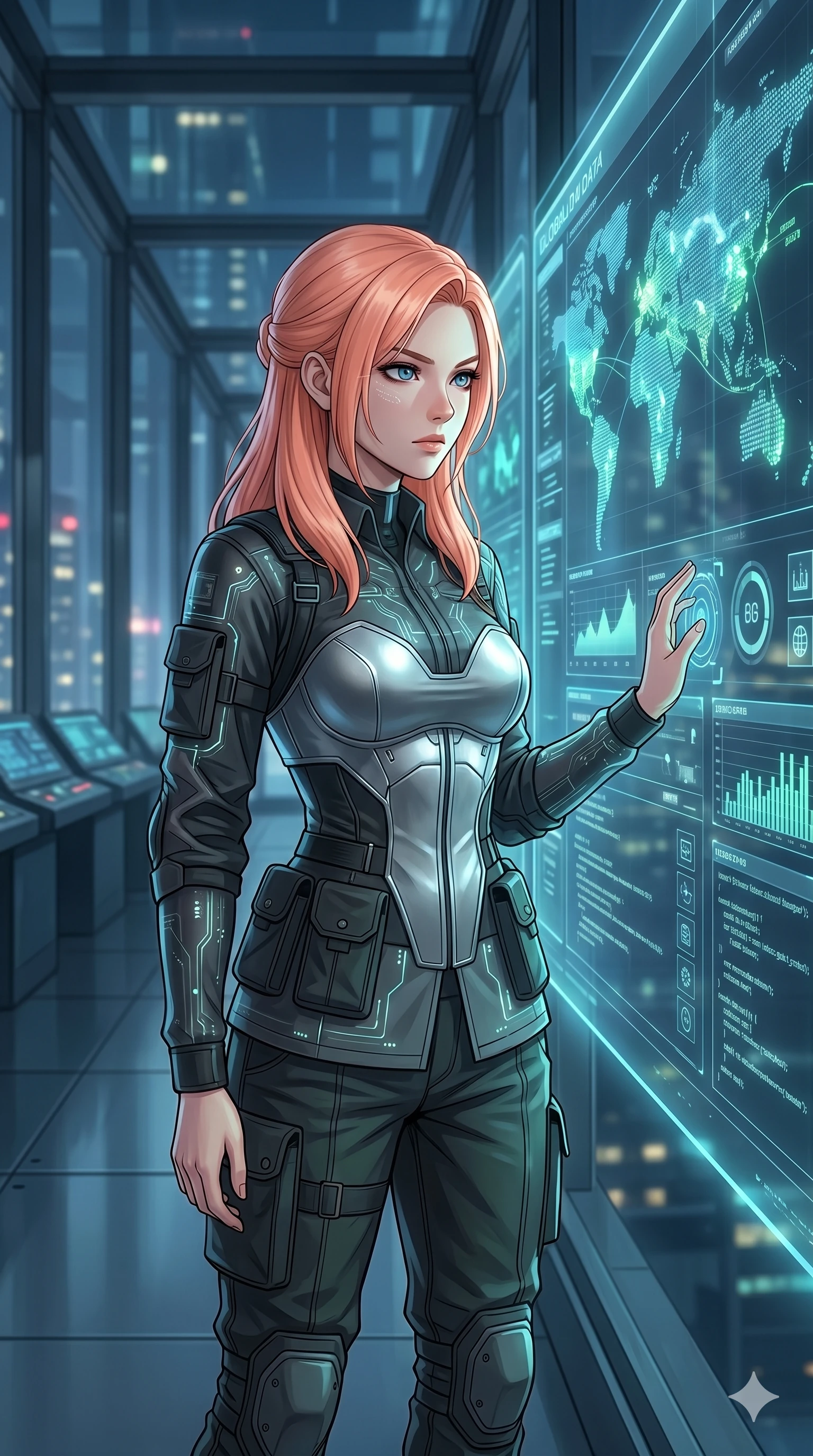score_9, masterpiece, best quality, ultra-detailed, high-budget anime keyframe, Japanese woman. Upper body close-up from the thighs up, character filling the screen for maximum presence. Standing in a glass corridor next to a giant digital display, looking at the display showing global data with a serious, focused look. She is wearing a tech-wear uniform shirt over a silver bodice and dark trousers. The scene is lit by the blue and green lights of the global display screen. 2k, ultra detail, master piece, 9:16 ratio