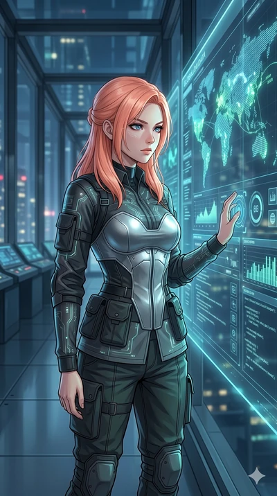score_9, masterpiece, best quality, ultra-detailed, high-budget anime keyframe, Japanese woman. Upper body close-up from the thighs up, character filling the screen for maximum presence. Standing in a glass corridor next to a giant digital display, l