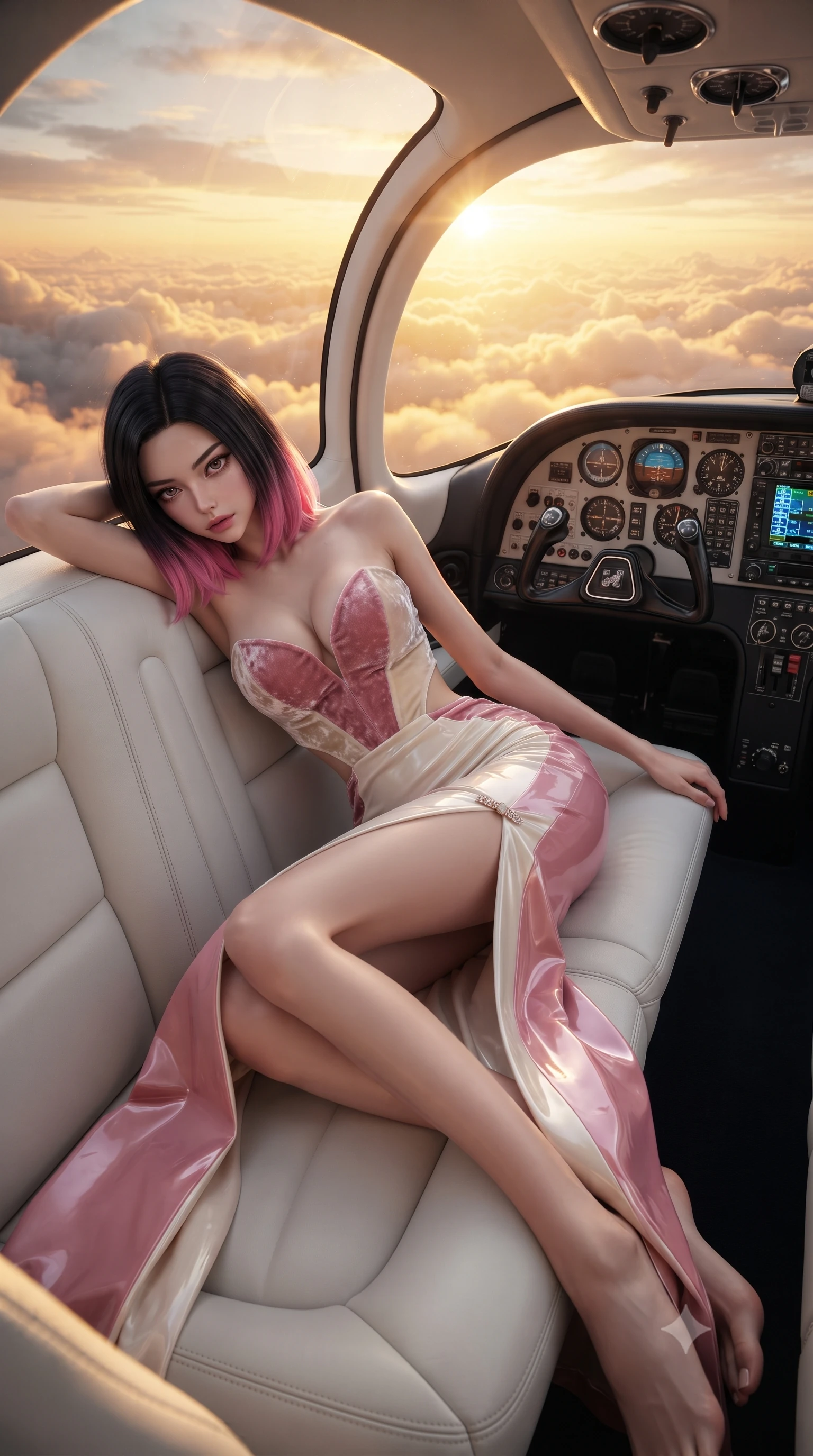 score_9, masterpiece, best quality, ultra-detailed, high-budget anime keyframe, editorial fashion photography, tasteful artistic composition, Korean woman. low angle full-body shot from head to toe showing her feet, filling the entire 9:16 vertical frame with her statuesque presence, stretching her vertical silhouette. reclining on her side in an elegant Cleopatra pose with one knee drawn up, the dramatic contour of her rounded hips and long slender legs commanding the 9:16 vertical frame while perching on the edge of a sculpted white leather captain's banquette, arching her lower back as golden sunset storm clouds stretch endlessly beneath the teardrop canopy. The surrounding environment is rendered in vivid detail and crisp panoramic clarity. sharp stitched white leather upholstery seams, polished chrome avionics dials, and scratchless aircraft canopy glass in deep focus. She has an exceptionally tall and slender model-like 8.5-heads proportion, an ultra-slim waist, a flat toned midriff, narrow delicate ribcage, and beautifully sculpted feminine hips creating a graceful, slim hourglass silhouette without any bulky heaviness, with impossibly long slender legs. sharp v-shaped jawline, high-bridge nose, intricate jewel-like eyes with depth, thick eyelashes, glossy parted lips with a natural sheen, intensely captivating and seductive bedroom-eyes expression, flawlessly proportioned anatomical accuracy, strict slender model proportions, natural body alignment, perfectly sculpted long slender limbs, ultra-slim waistline, clean dynamic posture without body distortion. wearing a deep sweetheart neckline crushed velvet corseted ballgown with an exposed midriff cutout in sakura blossom pink and warm ivory, tailored from second-skin aerodynamic stretch vinyl with specular wet sheen, finished with an ultra-high side slit secured by miniature jeweled clasps, the second-skin form-contouring cut accentuating her sculpted flat midriff, narrow delicate ribcage, and gracefully curvy hips with supermodel precision. bathed in glorious golden hour stratospheric sunbeams filtering through the glass canopy. ultra-reflective glossy finish, specular highlights, rich textural contrasts, high-contrast stereoscopic depth, volumetric dynamic lighting, 2k, ultra detail, master piece, 9:16 ratio