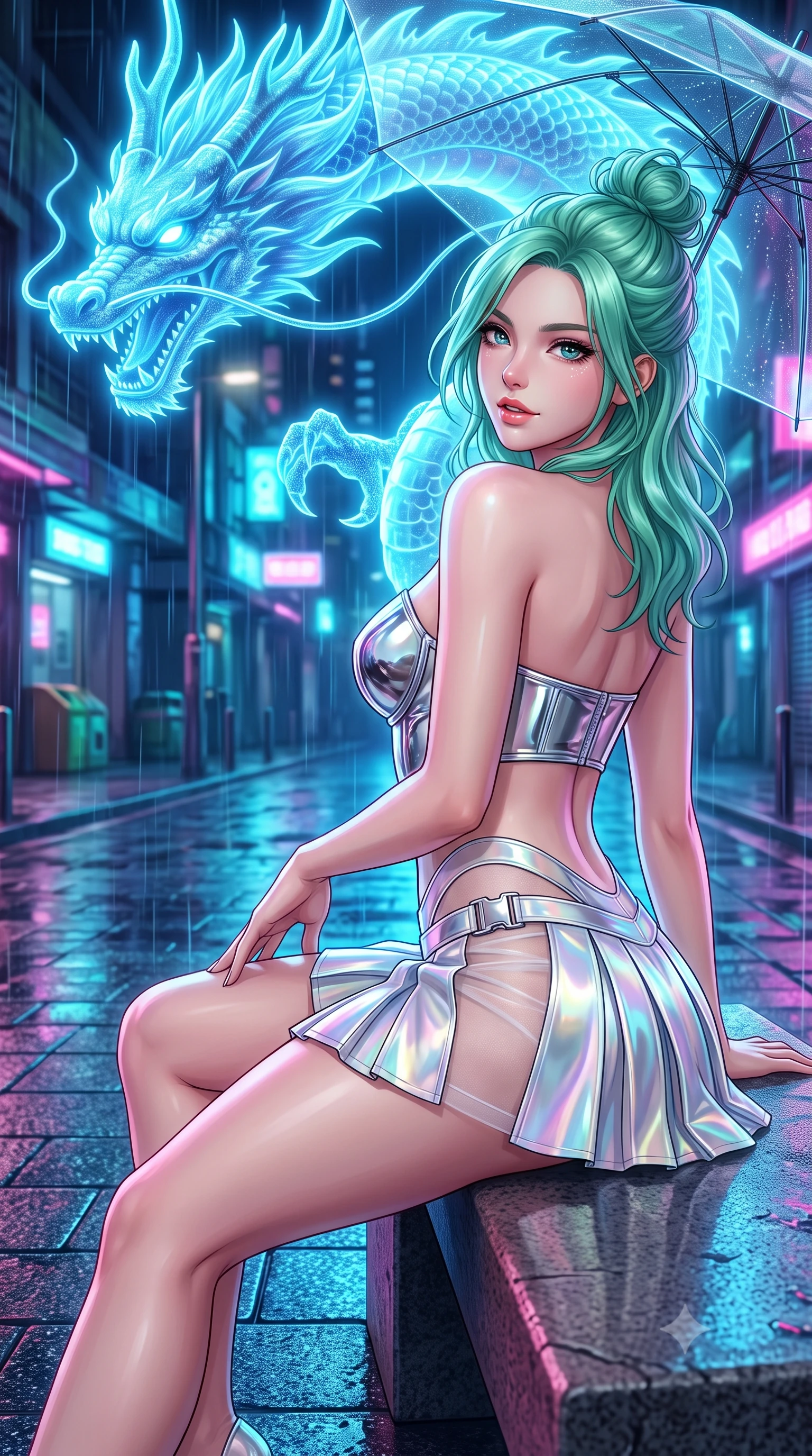 score_9, masterpiece, best quality, ultra-detailed, high-budget anime keyframe, semi-realistic 3D game render, editorial fashion photography, tasteful artistic composition, Japanese woman. close-up cowboy shot from the waist and thighs up, the character dominates the composition, filling the frame with her large presence. posing in an alluring rear three-quarter angle, looking over a bare shoulder with parted glossy lips, her hips cocked back to highlight her slim hourglass curve while lounging gracefully on the heated stone bench with legs extended, displaying her long slender legs and statuesque hourglass silhouette amid rain-washed neon. The surrounding environment is rendered in vivid detail and crisp panoramic clarity: sharp wet granite paver reflections, intricate holographic scales on the floating dragon, and razor-sharp laser umbrella ribs in deep focus. She has an exceptionally elegant, slender, and willowy female figure with an ultra-slim waist, flat toned midriff, narrow ribcage, and sculpted feminine hips creating an alluring, slim hourglass silhouette without bulk. sharp v-shaped jawline, high-bridge nose, intricate jewel-like sparkling eyes with depth, thick eyelashes, glossy parted lips with a natural peach sheen, bright cheerful beaming smile with an enchanting and coquettish sensual glint, exuding both youthful cute charm and seductive allure, flawlessly proportioned anatomical accuracy, strict slender model proportions, natural body alignment, perfectly sculpted long slender limbs, ultra-slim waistline, clean dynamic posture without body distortion. wearing a chrome-plated structured underwire bustier top paired with an ultra-short low-rise pleated micro mini skirt in iridescent mother-of-pearl and liquid molten silver, featuring strategic sheer-illusion tulle side panels framing her ribcage and hips, finished with sleek magnetic buckle closures fluttering in the breeze, the glove-like clinging cut tightly following the natural contour of her hips and long slender legs with youthful 8.5-heads elegance. bathed in the glowing azure radiance of the monumental holographic dragon mixed with neon street reflections. highly saturated vibrant anime colors, detailed shading with soft gradients, rich glossy textures, high-contrast stereoscopic depth, volumetric dynamic lighting, master piece, 9:16 ratio