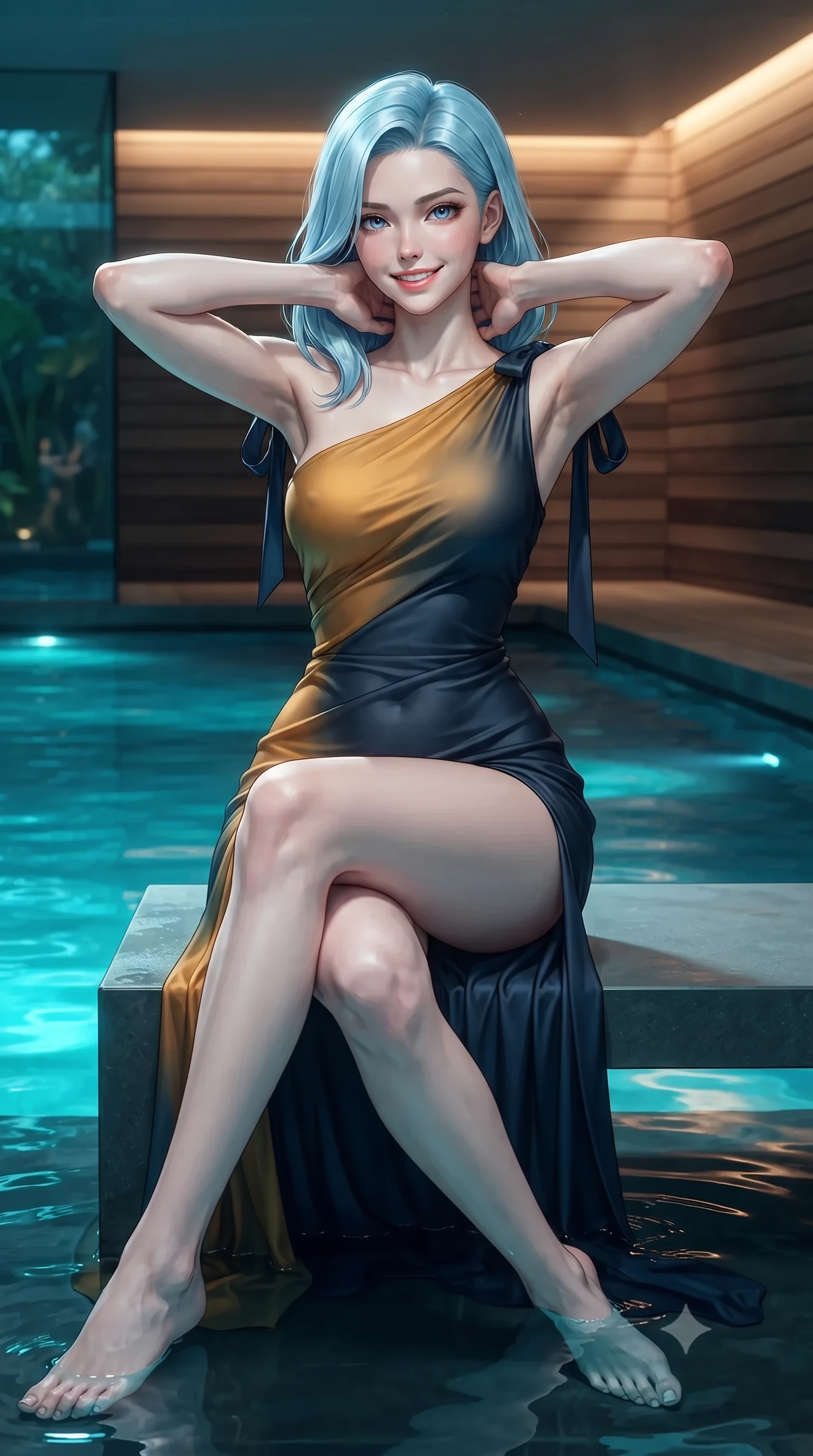 score_9, masterpiece, best quality, ultra-detailed, high-budget anime keyframe, editorial fashion photography, tasteful artistic composition, Korean woman. close-up cowboy shot from the waist and thighs up, the character dominates the composition, filling the frame with her large presence. resting both hands lightly behind her neck with elbows raised, arching her spine to highlight her narrow waist, flat midriff, and breathtaking collarbones while sitting gracefully on the submerged pool bench with legs crossed, flashing a radiant, playful smile with parted glossy lips. The surrounding environment is rendered in vivid detail and crisp panoramic clarity: sharp frameless glass corner bevels, natural aromatic cedar planking grain, and still dark peat water ripples in deep focus. She has an exceptionally elegant, slender, and willowy female figure with an ultra-slim waist, flat toned midriff, narrow ribcage, and sculpted feminine hips creating an alluring, slim hourglass silhouette without bulk. sharp v-shaped jawline, high-bridge nose, intricate jewel-like sparkling eyes with depth, thick eyelashes, glossy parted lips with a natural peach sheen, bright cheerful beaming smile with an enchanting and coquettish sensual glint, exuding both youthful cute charm and seductive allure, flawlessly proportioned anatomical accuracy, strict slender model proportions, natural body alignment, perfectly sculpted long slender limbs, ultra-slim waistline, clean dynamic posture without body distortion. wearing a liquid jersey asymmetrical one-shoulder gown with seamless sculpting hold adhering tightly to her silhouette in Lofoten midnight sun golden amber and Arctic deep navy, made of fluid liquid jersey with seamless sculpting hold and smooth contours, finished with satin ribbon ties at the shoulders fluttering in the gentle breeze, the impeccably tailored cut draping gracefully along her slender figure with aristocratic poise. bathed in underwater pool turquoise-cyan LEDs combined with soft warm 2700K interior cove lighting through glass. ultra-reflective glossy finish, specular highlights, rich textural contrasts, high-contrast stereoscopic depth, volumetric dynamic lighting, 2k, ultra detail, master piece, 9:16 ratio