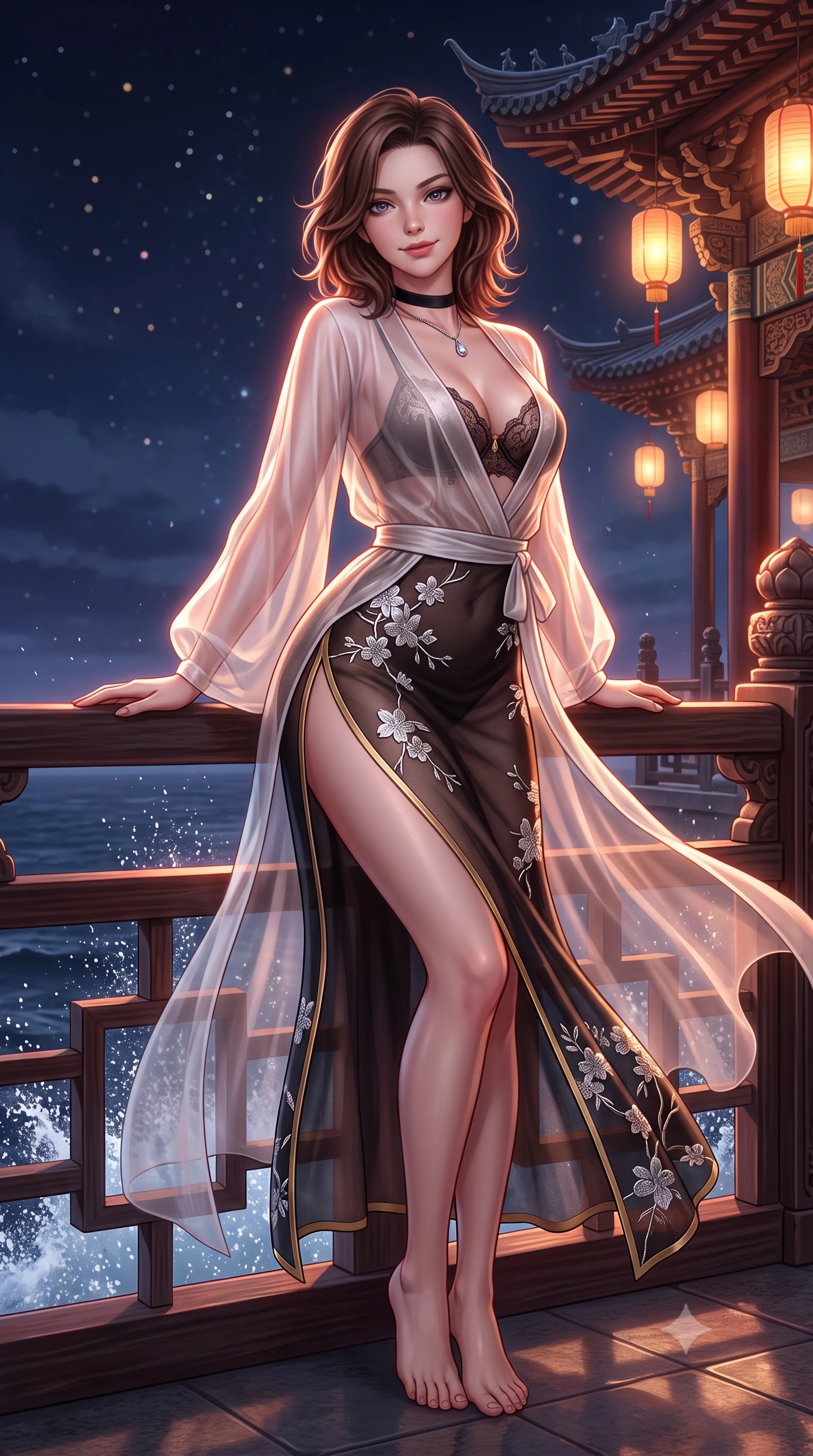 score_9, masterpiece, best quality, ultra-detailed, high-budget anime keyframe, semi-realistic 3D game render, editorial fashion photography, tasteful artistic composition, Korean woman. low angle full-body shot from head to toe showing her feet, filling the entire 9:16 vertical frame with her statuesque presence, stretching her vertical silhouette. leaning deep against the balcony balustrade with hips cocked back in an unapologetically alluring high-fashion stance, casting an intoxicating glance while twisting her slender torso in an alluring contrapposto stance, sea spray and lantern light caressing her flat midriff and curvy hips. The surrounding environment is rendered in vivid detail and crisp panoramic clarity: detailed translucent silk organza wrap robe drape, sheer lace demi-bustier cling, and shrine architecture in razor-sharp precision. She has an exceptionally tall and slender model-like 8.5-heads proportion, an ultra-slim waist, a flat toned midriff, narrow delicate ribcage, and beautifully sculpted feminine hips creating a graceful, slim hourglass silhouette without any bulky heaviness, with impossibly long slender legs. sharp v-shaped jawline, high-bridge nose, intricate jewel-like sparkling eyes with depth, thick eyelashes, glossy parted lips with a natural peach sheen, bright cheerful beaming smile with an enchanting and coquettish sensual glint, exuding both youthful cute charm and seductive allure, flawlessly proportioned anatomical accuracy, strict slender model proportions, natural body alignment, perfectly sculpted long slender limbs, ultra-slim waistline, clean dynamic posture without body distortion. wearing a provocative sheer noir illusion mesh kimono dress with embroidered silver cherry blossom motifs framing her curves in Shanghai noir black and imperial 24k gold, made of fluid liquid jersey with seamless sculpting hold and smooth contours, finished with a thin velvet ribbon choker and a single teardrop diamond pendant, the precision-cut side openings and low-back scoop framing her graceful spine and the sensual sweep of her slim, toned hips. illuminated by sea water specular highlights and sharp rose-gold rim lights sculpting her dewy collarbones, ultra-slim waist, and curvy hips. highly saturated vibrant anime colors, detailed shading with soft gradients, rich glossy textures, high-contrast stereoscopic depth, volumetric dynamic lighting, master piece, 9:16 ratio