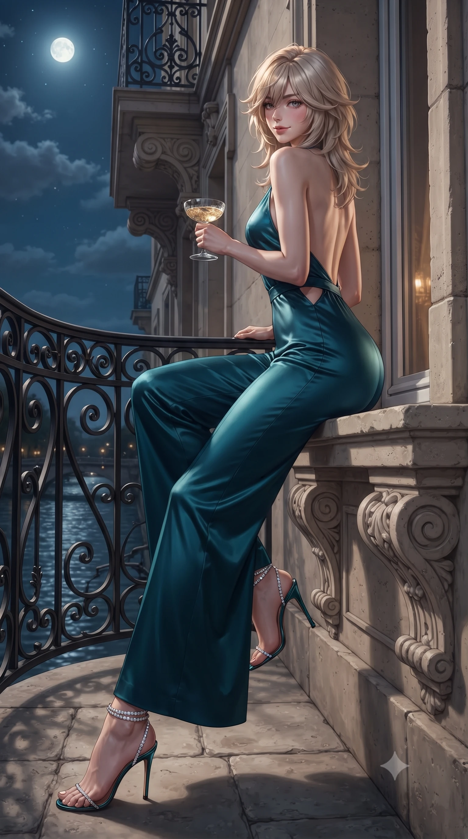 score_9, masterpiece, best quality, ultra-detailed, high-budget anime keyframe, editorial fashion photography, tasteful artistic composition, Japanese woman. low angle full-body shot from head to toe showing her feet, filling the entire 9:16 vertical frame with her statuesque presence, stretching her vertical silhouette. walking along the terrace with poise, looking back over her bare shoulder with an irresistible smoldering bedroom-gaze while sitting perched sideways on the balcony stone threshold with legs extended, holding a champagne coupe with sovereign effortless grace. The surrounding environment is rendered in vivid detail and crisp panoramic clarity: sharp wrought-iron filigree scrollwork, carved limestone balcony corbels, and water wake ripple clarity in deep focus. She has an absolutely perfect, statuesque 8.5-heads proportion, an exceptionally tall and slender model-like female figure with impossibly long slender legs, an ultra-slim waist, a flat toned midriff, narrow delicate ribcage, and beautifully sculpted feminine hips creating a graceful, slim hourglass silhouette without any bulky heaviness. sharp v-shaped jawline, high-bridge nose, sparkling eyes with hypnotic seductive depth, thick curled eyelashes, glossy parted lips with a natural dewy peach sheen, alluring bedroom-eyes with an enchanting coquettish smile, exuding magnetic siren charisma and sophisticated glamour, flawlessly proportioned anatomical accuracy, strict slender model proportions, natural body alignment, perfectly sculpted long slender limbs, ultra-slim waistline, clean dynamic posture without body distortion. wearing a backless plunge-front silk satin jumpsuit with fluid wide-leg silhouette and side hip cutouts in deep peacock teal and burnished antique brass, crafted from fluid liquid silk satin that clings smoothly to every curve with a dewy sheen, complemented by strappy stiletto sandals with crystal ankle wraps accentuating her slender calves, the form-contouring silhouette accentuating her sculpted flat midriff, narrow delicate ribcage, and gracefully curvy hips with intoxicating allure. bathed in celestial harvest moonlight reflected off the river surface combined with warm streetlamp street glow. ultra-reflective glossy finish, specular highlights, rich textural contrasts, high-contrast stereoscopic depth, volumetric dynamic lighting, 2k, ultra detail, master piece, 9:16 ratio