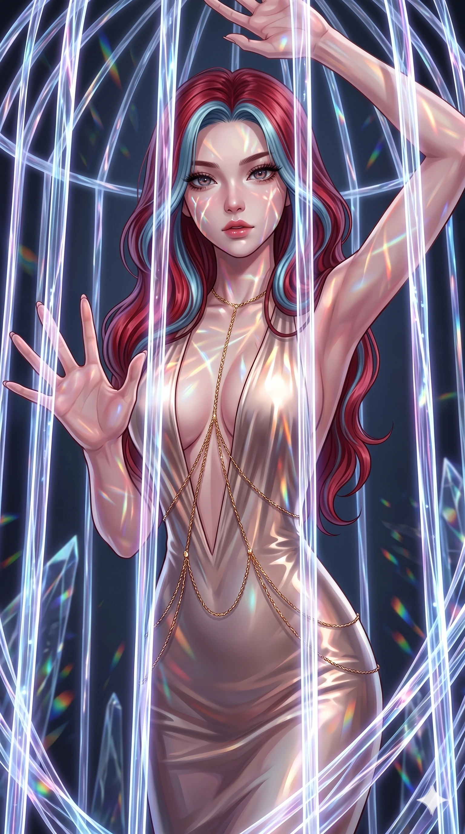 score_9, masterpiece, best quality, ultra-detailed, High-budget Anime Keyframe, East Asian woman. Dynamic full-body shot stretching the vertical silhouette to the limit. Scenario 192: Trapped in a cage of glowing crystalline fibers, body pressing against the bars. Her presence is magnetic and overpowering in this high-budget anime scene. Outfit 192: A molten liquid silk second with a plunging V-neckline and fine gold chains. The clothing is designed to emphasize her exceptionally tall and slender 8-heads proportion. 8-heads proportion, towering silhouette, ultra-slim waist. sharp v-shaped jawline, intricate jewel-like eyes with depth, thick eyelashes, glossy lips. 2k, ultra detail, master piece, 9:16 ratio
