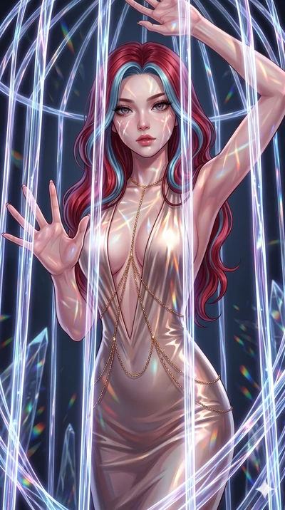 score_9, masterpiece, best quality, ultra-detailed, High-budget Anime Keyframe, East Asian woman. Dynamic full-body shot stretching the vertical silhouette to the limit. Scenario 192: Trapped in a cage of glowing crystalline fibers, body pressing aga