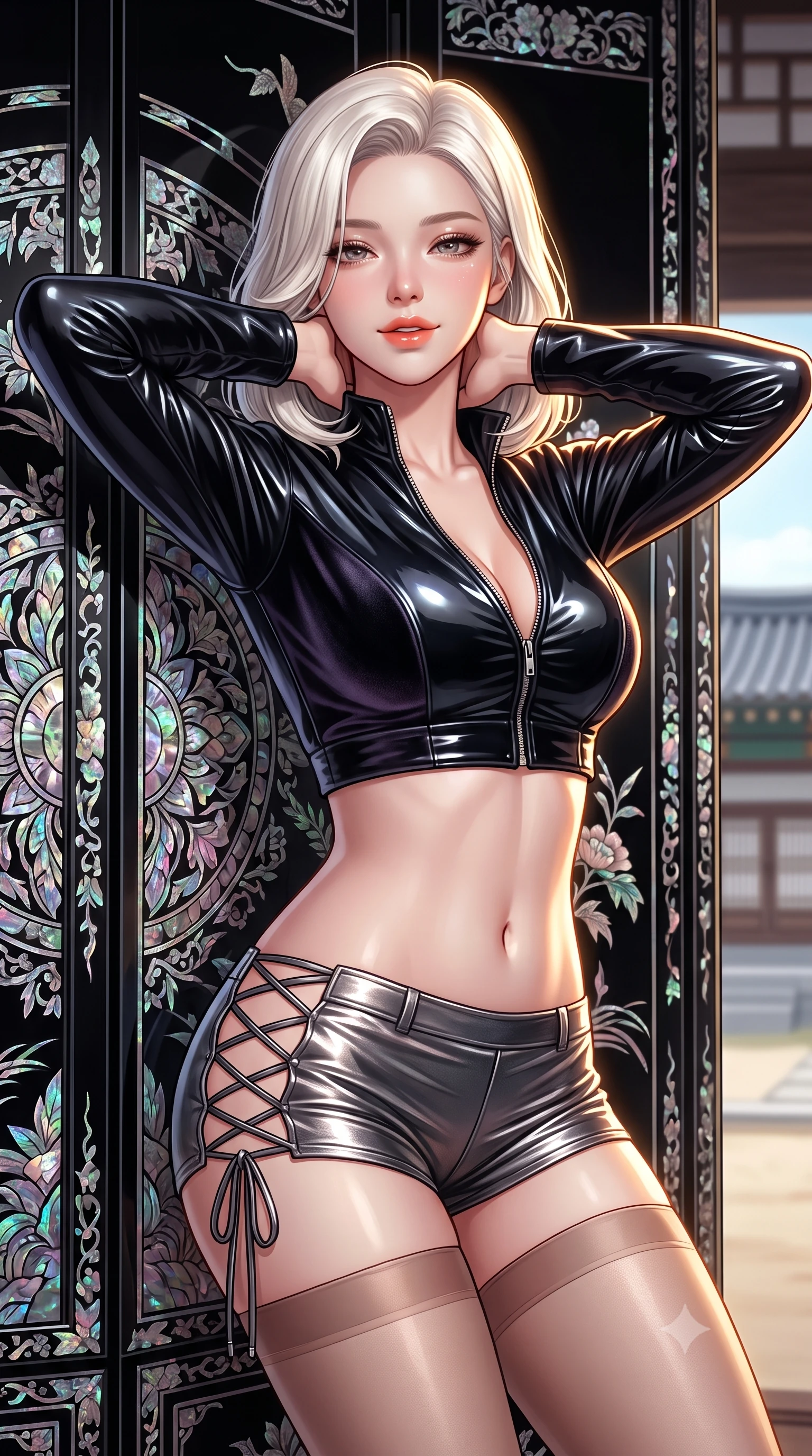 score_9, masterpiece, best quality, ultra-detailed, high-budget anime keyframe, semi-realistic 3D game render, editorial fashion photography, tasteful artistic composition, Korean woman. close-up cowboy shot from the waist and thighs up, the character dominates the composition, filling the frame with her large presence. resting both hands lightly behind her neck with elbows raised, arching her spine to highlight her narrow waist, flat midriff, and breathtaking collarbones while lounging against an opulent mother-of-pearl black lacquer screen, arching her lower back with magnetic femme fatale elegance. The surrounding environment is rendered in vivid detail and crisp panoramic clarity: sharp iridescent mother-of-pearl inlay facets, high-gloss black lacquer reflections, and fine silk embroidery in deep focus. She has an exceptionally elegant, slender, and willowy female figure with an ultra-slim waist, flat toned midriff, narrow ribcage, and sculpted feminine hips creating an alluring, slim hourglass silhouette without bulk. sharp v-shaped jawline, high-bridge nose, sparkling eyes with hypnotic seductive depth, thick curled eyelashes, glossy parted lips with a natural dewy peach sheen, alluring bedroom-eyes with an enchanting coquettish smile, exuding magnetic siren charisma and sophisticated glamour, flawlessly proportioned anatomical accuracy, strict slender model proportions, natural body alignment, perfectly sculpted long slender limbs, ultra-slim waistline, clean dynamic posture without body distortion. wearing a form-fitting zip-front wet-look vinyl bolero jacket paired with low-rise metallic hot-pants and sheer stockings in pure pearl alabaster with platinum sheen, tailored from ultra-plush velvet with rich tactile depth and deep shadow gradients, featuring fine criss-cross lace-up side ties revealing tantalizing glimpses of her hip curve, the liquid-tight tailored fabric clinging flawlessly to her narrow waist and rounded feminine hips, emphasizing every millimeter of her sculpted slim hourglass curves without any bulky heaviness. illuminated by lacquer specular highlights and sharp warm-gold rim lights defining her razor-sharp jawline, narrow waist, and curvy hips. highly saturated vibrant anime colors, detailed shading with soft gradients, rich glossy textures, high-contrast stereoscopic depth, volumetric dynamic lighting, master piece, 9:16 ratio