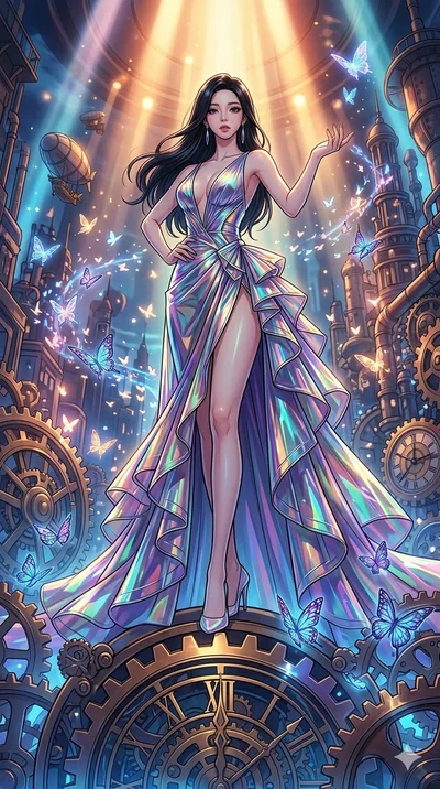 score_9, masterpiece, best quality, ultra-detailed, high-budget anime movie keyframe, cinematic anime lighting, intricate line art, Korean woman. Low angle cowboy shot filling the entire 9:16 frame with her statuesque presence. standing victoriously 