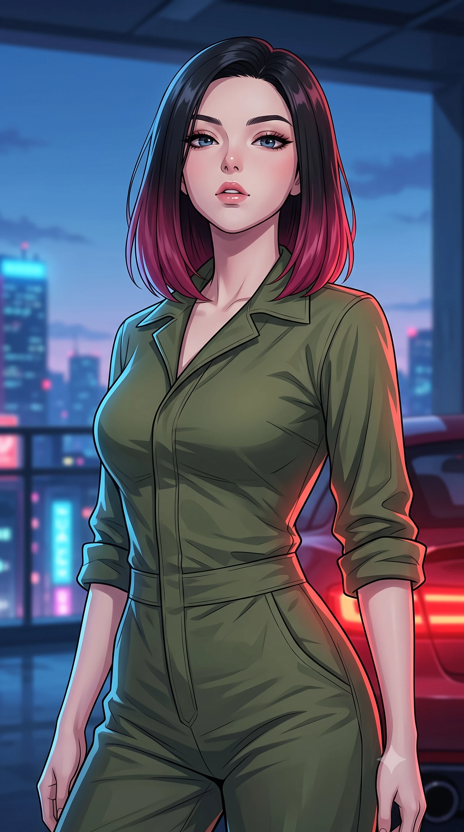 score_9, masterpiece, best quality, ultra-detailed, high-budget anime keyframe, tasteful artistic composition, Korean woman. close-up cowboy shot from the waist and thighs up, the character dominates the composition, filling the frame with her large presence, background elements kept in soft focus. tilting her chin up slightly with lips parted in a composed, provocative expression the background shows a soft-focus a high-end garage rooftop overlooking a neon metropolis at twilight. She has an exceptionally elegant, slender, and willowy female figure with an ultra-slim waist, a gracefully sculpted slender torso, and a refined silhouette. sharp v-shaped jawline, high-bridge nose, intricate jewel-like eyes with depth, thick eyelashes, glossy lips with a natural sheen. wearing a tailored comfortable olive green cotton utility jumpsuit with a structured collar and rolled-up sleeves. cool blue city twilight key light contrasting with the warm red rear lights of a car. highly saturated vibrant anime colors, cel-shading, 2d style, master piece, 9:16 ratio