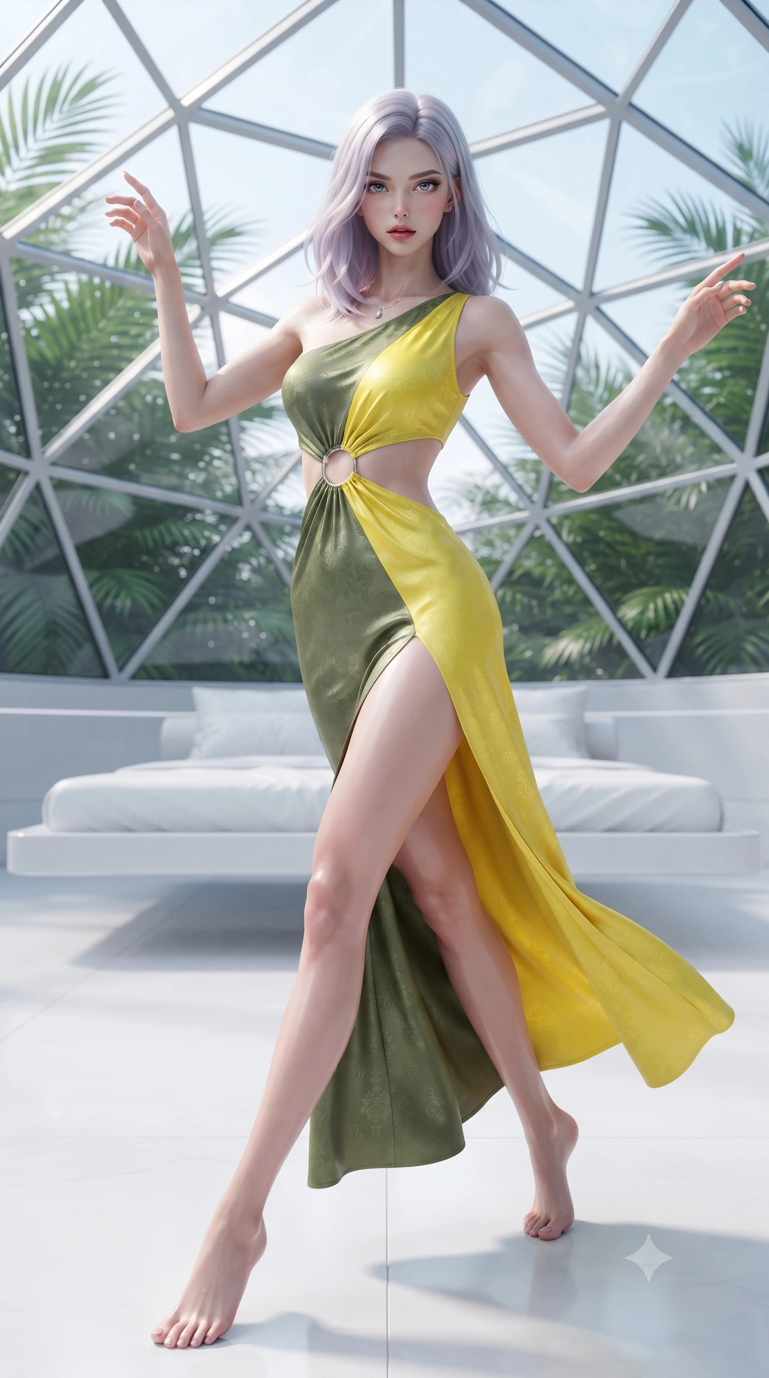 score_9, masterpiece, best quality, ultra-detailed, high-budget anime keyframe, editorial fashion photography, tasteful artistic composition, Caucasian woman. low angle full-body shot from head to toe showing her feet, filling the entire 9:16 vertical frame with her statuesque presence, stretching her vertical silhouette. striding forward in a proud, dynamic supermodel runway stride, hips swaying in an alluring kinetic rhythm that stretches her silhouette while stretching her slender body on a floating white porcelain daybed beneath a geometric glass dome, arching her back with arms raised. The surrounding environment is rendered in vivid detail and crisp panoramic clarity. sharp tropical leaf venation, geometric glass frame joints, and polished porcelain textures in deep focus. She has an absolutely perfect, statuesque 8.5-heads proportion, an exceptionally tall and slender model-like female figure with impossibly long slender legs, a toned flat midriff, and an ultra-slim waist. sharp v-shaped jawline, high-bridge nose, intricate jewel-like eyes with depth, thick eyelashes, glossy parted lips with a natural sheen, intensely captivating and seductive expression, flawlessly proportioned anatomical accuracy, strict slender model proportions, natural body alignment, perfectly sculpted long slender limbs, ultra-slim waistline, clean dynamic posture without body distortion. wearing a modern goddess one-shoulder liquid-knit gown with an exposed midriff ring cutout in olive leaf green and bright solar yellow, tailored from smooth liquid silk satin with subtle floral jacquard, complemented by a dainty solar crystal pendant resting near her collarbone, the lightweight liquid-knit fabric adhering like a second skin to her slender frame, highlighting her effortless sun-kissed charm. surrounded by an optimistic, radiant, and breathlessly beautiful eco-utopian goddess aura. ultra-reflective glossy finish, specular highlights, rich textural contrasts, high-contrast stereoscopic depth, volumetric dynamic lighting, 2k, ultra detail, master piece, 9:16 ratio