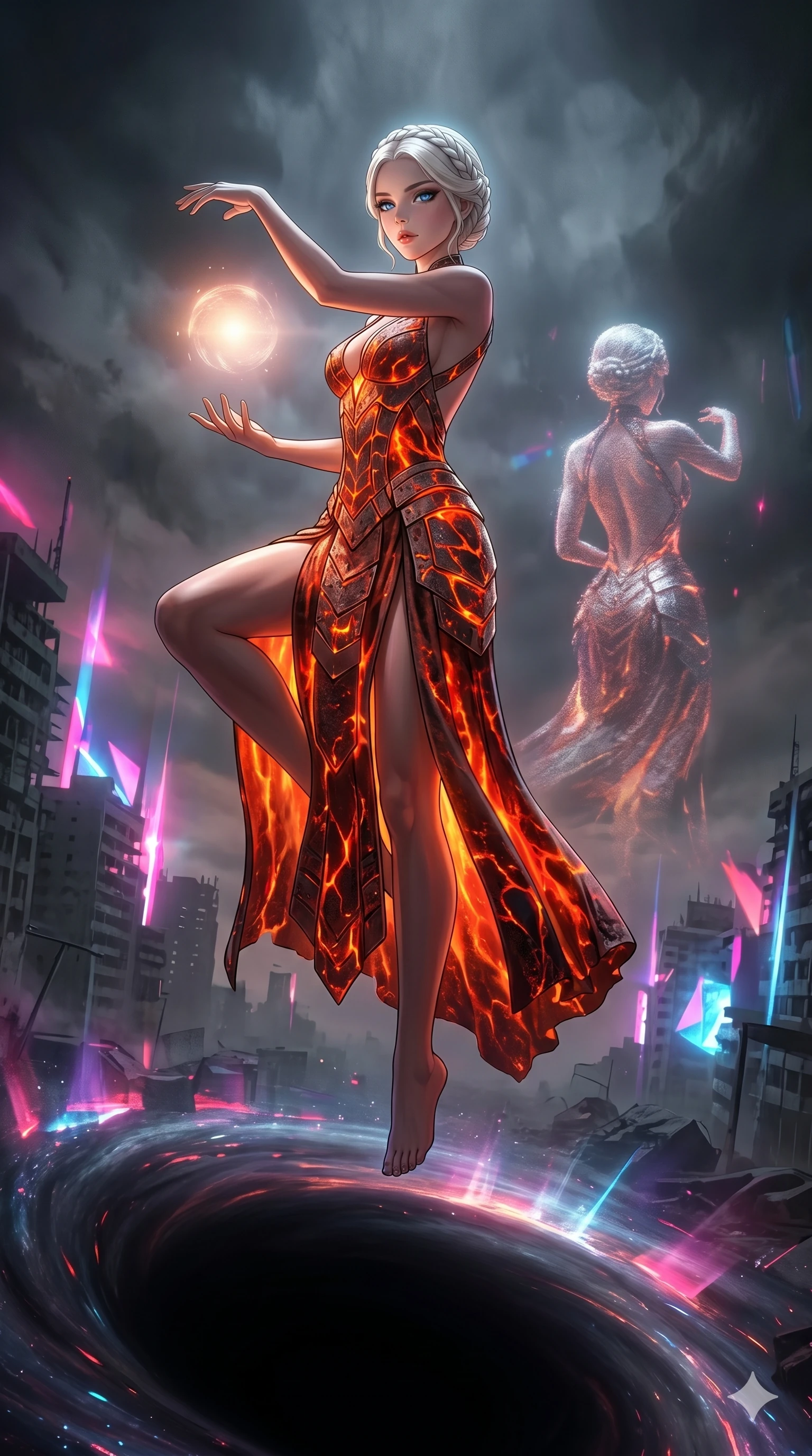 score_9, masterpiece, best quality, ultra-detailed, Set A: High-budget Anime Keyframe, Korean woman. Low angle cowboy shot filling the entire 9:16 frame with her statuesque presence. Theme: Urban Decay. meditating in the edge of a black hole, as her reflection in the air starts to dance independently 75. The atmosphere is filled with heavy smog with neon flares. She has an absolutely perfect 8-heads proportion, an exceptionally tall and slender female figure with impossibly long slender legs and an ultra-slim waist. Sharp v-shaped jawline, high-bridge nose, intricate jewel-like eyes with depth, glossy lips. Wearing Lava-textured metallic dress that glows with an internal fire, featuring an open back. Cinematic lighting, vivid colors, dramatic shadows, 2k, ultra detail, master piece, 9:16 ratio
