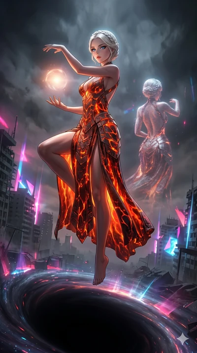 score_9, masterpiece, best quality, ultra-detailed, Set A: High-budget Anime Keyframe, Korean woman. Low angle cowboy shot filling the entire 9:16 frame with her statuesque presence. Theme: Urban Decay. meditating in the edge of a black hole, as her 