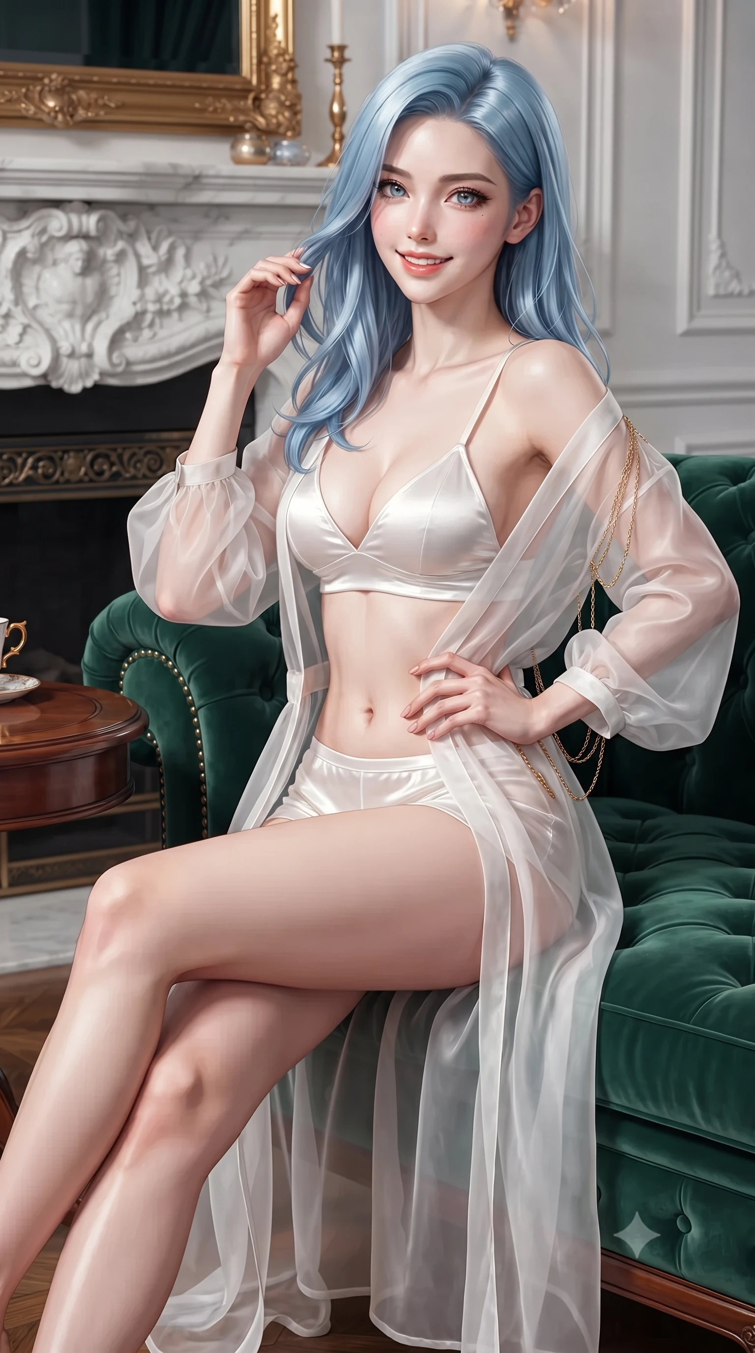 score_9, masterpiece, best quality, ultra-detailed, high-budget anime keyframe, editorial fashion photography, tasteful artistic composition, Korean woman. close-up cowboy shot from the waist and thighs up, the character dominates the composition, filling the frame with her large presence. twisting her slender torso in an alluring contrapposto stance, one hand resting on her sculpted hip while her fingers toy with her hair with effortless poise while sitting gracefully on the tufted emerald Chesterfield lounge with legs crossed, her statuesque 8.5-heads silhouette commanding the royal salon. The surrounding environment is rendered in vivid detail and crisp panoramic clarity: sharp carved white Carrara marble fireplace relief, deep button-tufted velvet upholstery seams, and polished rosewood table grain in deep focus. She has an exceptionally elegant, slender, and willowy female figure with an ultra-slim waist, flat toned midriff, narrow ribcage, and sculpted feminine hips creating an alluring, slim hourglass silhouette without bulk. sharp v-shaped jawline, high-bridge nose, intricate jewel-like sparkling eyes with depth, thick eyelashes, glossy parted lips with a natural peach sheen, bright cheerful beaming smile with an enchanting and coquettish sensual glint, exuding both youthful cute charm and seductive allure, flawlessly proportioned anatomical accuracy, strict slender model proportions, natural body alignment, perfectly sculpted long slender limbs, ultra-slim waistline, clean dynamic posture without body distortion. wearing a sheer silk organza modern caftan robe worn loose and slipping off bare shoulders over a matching satin bralette and micro-shorts in pure translucent crystal white and liquid platinum, woven from fine semi-opaque stretch illusion mesh tracing her slender contours, accented with an open-back drape framed by falling strands of delicate gold chains, the second-skin tailored fabric adhering flawlessly to her sculpted flat midriff and slender torso, emphasizing her long leg lines and perfectly proportioned willowy build. illuminated by polished parquet reflection bounce and sharp rose-gold rim lights sculpting her jawline, narrow waist, and curvy hips. ultra-reflective glossy finish, specular highlights, rich textural contrasts, high-contrast stereoscopic depth, volumetric dynamic lighting, 2k, ultra detail, master piece, 9:16 ratio