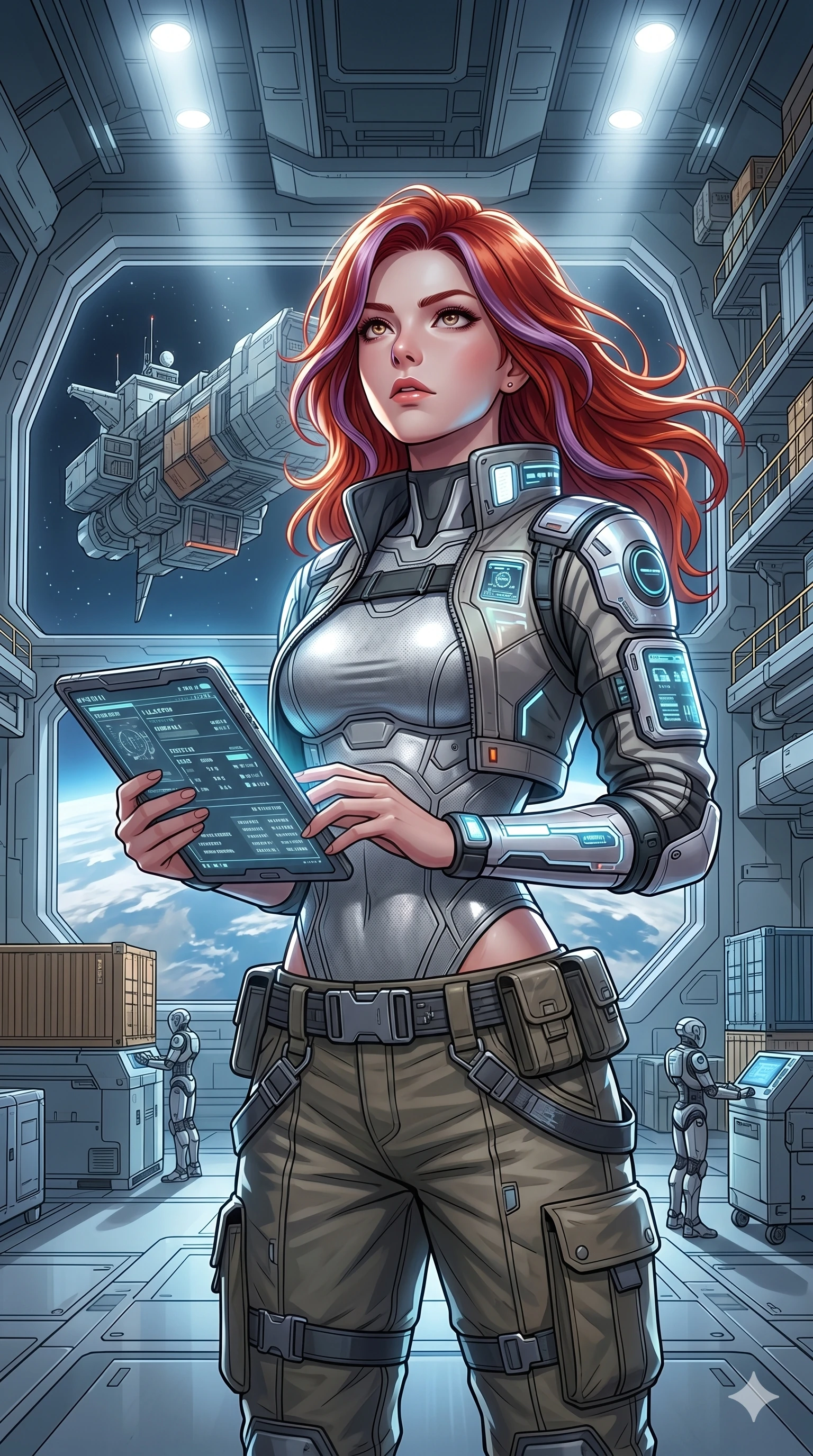 score_9, masterpiece, best quality, ultra-detailed, high-budget anime keyframe, Caucasian woman, strictly human ears. Upper body close-up from the thighs up, character filling the screen for maximum presence. Standing in an orbital docking bay, watching an incoming cargo ship, holding a digital tablet, looking up with a focused, intense gaze. She is wearing a cropped tech-jacket over a silver bodice and cargo pants with utility belt. The scene is illuminated by the bright white spotlights of the docking bay. 2k, ultra detail, master piece, 9:16 ratio