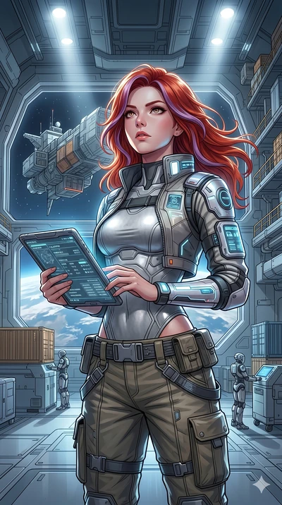 score_9, masterpiece, best quality, ultra-detailed, high-budget anime keyframe, Caucasian woman, strictly human ears. Upper body close-up from the thighs up, character filling the screen for maximum presence. Standing in an orbital docking bay, watch