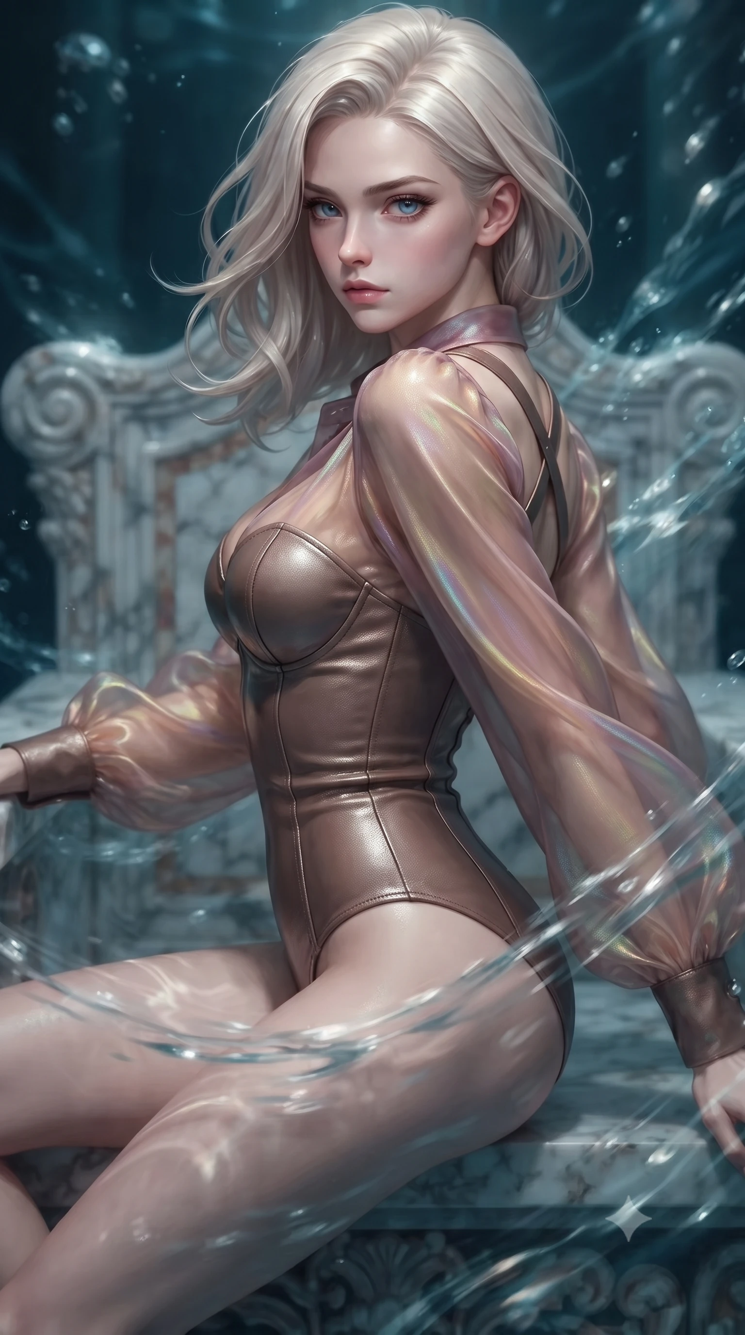 score_9, masterpiece, best quality, ultra-detailed, high-budget anime keyframe, editorial fashion photography, tasteful artistic composition, Caucasian woman. close-up cowboy shot from the waist and thighs up, the character dominates the composition, filling the frame with her large presence, background elements kept in soft focus. Gazing past the lens with composed intensity as her torso curves dynamically in mid-motion while pivoting her torso in a fluid S-curve alignment over a submerged mosaic marble throne, swirling ocean currents casting fluid motion patterns across her form. She has an exceptionally elegant, slender, and willowy female figure with an ultra-slim waist, a gracefully sculpted slender torso, and a refined silhouette. sharp v-shaped jawline, high-bridge nose, intricate jewel-like eyes with depth, thick eyelashes, glossy lips with a natural sheen, flawlessly proportioned anatomical accuracy, natural body alignment, perfectly sculpted elegant limbs, clean dynamic posture without body distortion. wearing a tailored leather bustier over a sheer silk chiffon blouse in dusty rose and champagne gold, crafted from iridescent chiffon that shifts colors in the light, complemented by criss-cross back straps highlighting her bare shoulders, the glove-like fit emphasizing her statuesque silhouette during motion. surrounded by a shimmering ocean aura with bright pearl-white specular rim lights. ultra-reflective glossy finish, specular highlights, metallic sheen, high-contrast stereoscopic depth, volumetric dynamic lighting, 2k, ultra detail, master piece, 9:16 ratio