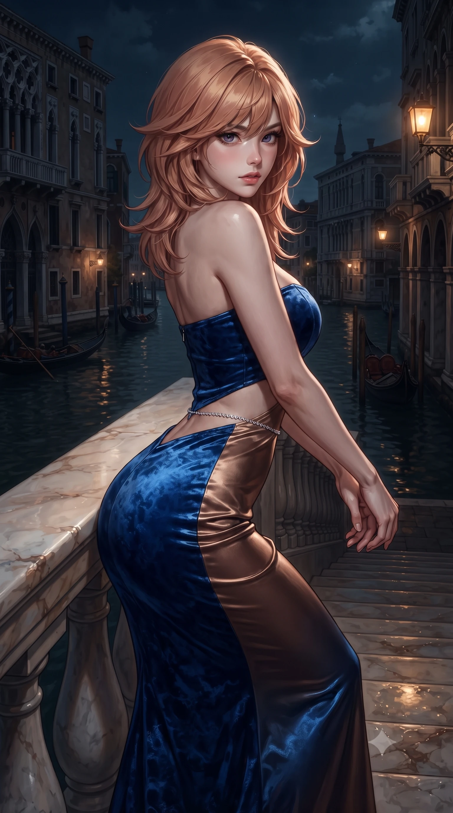 score_9, masterpiece, best quality, ultra-detailed, high-budget anime keyframe, editorial fashion photography, tasteful artistic composition, Korean woman. close-up cowboy shot from the waist and thighs up, the character dominates the composition, filling the frame with her large presence. leaning forward against the polished railing with her hips cocked back, creating an intoxicating curve from her narrow waist to sculpted hips as she gazes back into the lens while gliding down the grand palace water steps with supermodel poise, her liquid dress clinging to her narrow waist and rounded hips in the moonlight. The surrounding environment is rendered in vivid detail and crisp panoramic clarity. rich high-contrast Venetian nocturnal chiaroscuro and decadent masquerade romance aesthetics in precision. She has an exceptionally elegant, slender, and willowy female figure with an ultra-slim waist, flat toned midriff, narrow ribcage, and sculpted feminine hips creating an alluring, slim hourglass silhouette without bulk. sharp v-shaped jawline, high-bridge nose, intricate jewel-like eyes with depth, thick eyelashes, glossy parted lips with a natural sheen, intensely captivating and seductive bedroom-eyes expression, flawlessly proportioned anatomical accuracy, strict slender model proportions, natural body alignment, perfectly sculpted long slender limbs, ultra-slim waistline, clean dynamic posture without body distortion. wearing a deep sweetheart neckline crushed velvet corseted ballgown with an exposed midriff cutout in royal sapphire blue and liquid bronze, tailored from smooth liquid silk satin adhering seamlessly to her skin, accented with a dainty diamond waist chain catching the ambient light reflections, the liquid-tight tailored fabric clinging flawlessly to her narrow waist and rounded feminine hips, emphasizing every millimeter of her sculpted slim hourglass curves without any bulky heaviness. bathed in cool silver full-moon light streaming from above and warm amber gondola lantern uplights. ultra-reflective glossy finish, specular highlights, rich textural contrasts, high-contrast stereoscopic depth, volumetric dynamic lighting, 2k, ultra detail, master piece, 9:16 ratio