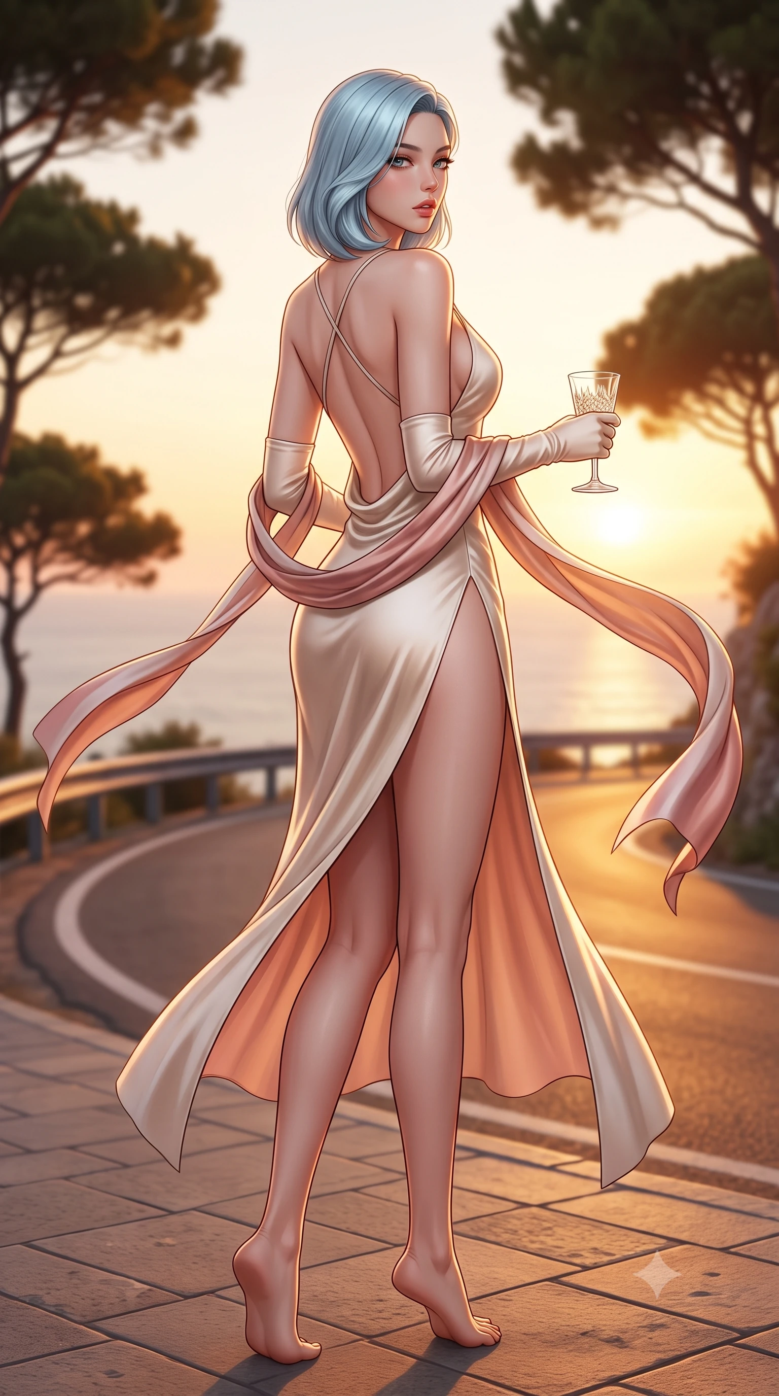 score_9, masterpiece, best quality, ultra-detailed, high-budget anime keyframe, semi-realistic 3D game render, editorial fashion photography, tasteful artistic composition, Korean woman. low angle full-body shot from head to toe showing her feet, filling the entire 9:16 vertical frame with her statuesque presence, stretching her vertical silhouette. executing an elegant mid-motion pivot turn as garments swirl around her slender limbs, glancing over her shoulder with an intoxicating bedroom-gaze while striding gracefully along the coastal corniche as sea winds flutter her open silk scarf, hips swaying in an alluring supermodel rhythm. The composition keeps background elements in soft focus with creamy bokeh. winding cliffside road barriers and coastal pine silhouettes softened in glamorous shallow focus. She has an exceptionally tall and slender model-like 8.5-heads proportion, an ultra-slim waist, a flat toned midriff, narrow delicate ribcage, and beautifully sculpted feminine hips creating a graceful, slim hourglass silhouette without any bulky heaviness, with impossibly long slender legs. sharp v-shaped jawline, high-bridge nose, intricate jewel-like eyes with depth, thick eyelashes, glossy parted lips with a natural sheen, intensely captivating and seductive bedroom-eyes expression, flawlessly proportioned anatomical accuracy, strict slender model proportions, natural body alignment, perfectly sculpted long slender limbs, ultra-slim waistline, clean dynamic posture without body distortion. wearing a backless cowl-neck satin slip dress featuring high-cut side hip slits and delicate criss-cross back straps in vintage champagne ivory and delicate rose gold, tailored from liquid silk jersey adhering flawlessly to her slender build, accessorized with opera-length satin gloves and a vintage crystal glass, the second-skin form-contouring cut accentuating her sculpted flat midriff, narrow delicate ribcage, and gracefully curvy hips with supermodel precision. bathed in glorious golden hour Mediterranean sunset backlighting and warm amber road fill. highly saturated vibrant anime colors, detailed shading with soft gradients, rich glossy textures, high-contrast stereoscopic depth, volumetric dynamic lighting, master piece, 9:16 ratio