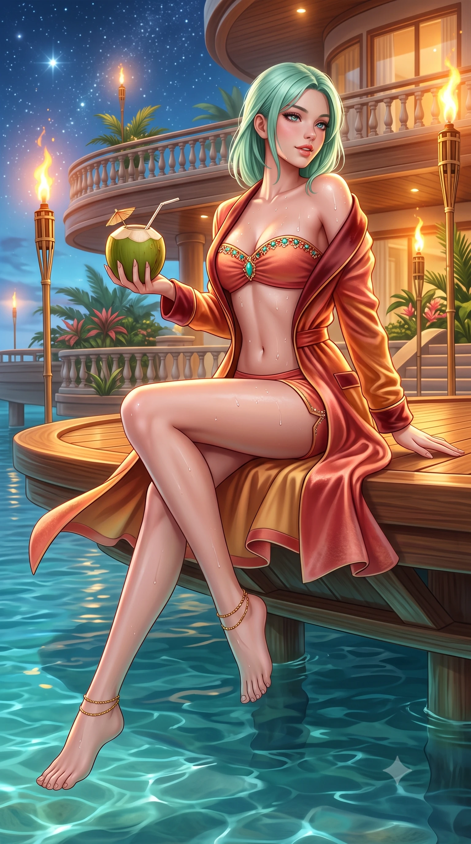 score_9, masterpiece, best quality, ultra-detailed, high-budget anime keyframe, semi-realistic 3D game render, editorial fashion photography, tasteful artistic composition, Japanese woman. low angle full-body shot from head to toe showing her feet, filling the entire 9:16 vertical frame with her statuesque presence, stretching her vertical silhouette. executing a slow, graceful pivot turn as her skirt sways around her slender legs, glancing back with an enchanting, teasing sensual expression while sitting perched on the edge of the floating platform with legs extended, holding a fresh coconut elixir with an alluring, parted-lip smile. The surrounding environment is rendered in vivid detail and crisp panoramic clarity: detailed backless plunge-front silk satin jumpsuit tailoring, gold ankle chain gleam, and eco-luxury architectural craft in razor-sharp precision. She has an absolutely perfect, statuesque 8.5-heads proportion, an exceptionally tall and slender model-like female figure with impossibly long slender legs, an ultra-slim waist, a flat toned midriff, narrow delicate ribcage, and beautifully sculpted feminine hips creating a graceful, slim hourglass silhouette without any bulky heaviness. sharp v-shaped jawline, high-bridge nose, sparkling eyes with hypnotic seductive depth, thick curled eyelashes, glossy parted lips with a natural dewy peach sheen, alluring bedroom-eyes with an enchanting coquettish smile, exuding magnetic siren charisma and sophisticated glamour, flawlessly proportioned anatomical accuracy, strict slender model proportions, natural body alignment, perfectly sculpted long slender limbs, ultra-slim waistline, clean dynamic posture without body distortion. wearing a tailored open-front satin smoking jacket worn over a jewel-embellished bandeau and micro-shorts in Bali tropical frangipani coral and warm honey, tailored from ultra-plush velvet with rich tactile depth and deep shadow gradients, finished with glistening drops of hot spring or lagoon water beading across her sculpted shoulders and collarbones, the high-slit wrap tailoring accentuating her ultra-slim waistline and the enchanting curve of her feminine hips with alluring seductive charm. bathed in the rich dynamic golden-orange glow of real outdoor bamboo oil torches combined with celestial starlight. highly saturated vibrant anime colors, detailed shading with soft gradients, rich glossy textures, high-contrast stereoscopic depth, volumetric dynamic lighting, master piece, 9:16 ratio