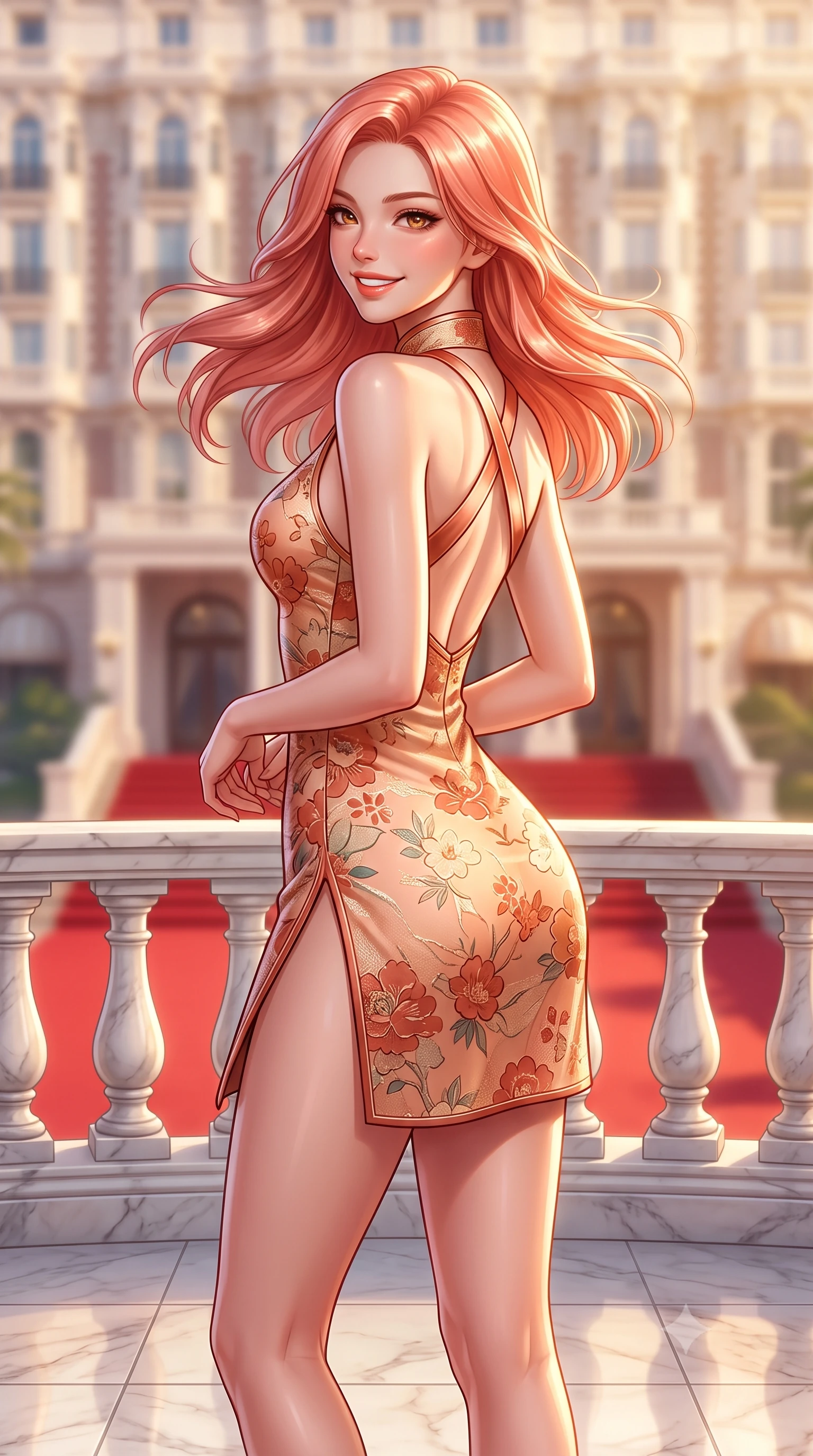 score_9, masterpiece, best quality, ultra-detailed, high-budget anime keyframe, semi-realistic 3D game render, editorial fashion photography, tasteful artistic composition, Japanese woman. close-up cowboy shot from the waist and thighs up, the character dominates the composition, filling the frame with her large presence. turning playfully with a bright confident smile, her glossy hair tossing in the coastal breeze as her hips angle gracefully in a captivating contrapposto while standing poised on the grand marble hotel terrace overlooking the Boulevard de la Croisette, arching her spine with festival-queen glamour. The composition keeps background elements in soft focus with dreamy creamy bokeh. the grand belle-époque palace hotel facade and red carpet entrance softened in prestigious Riviera shallow focus. She has an exceptionally elegant, slender, and willowy female figure with an ultra-slim waist, flat toned midriff, narrow ribcage, and sculpted feminine hips creating an alluring, slim hourglass silhouette without bulk. sharp v-shaped jawline, high-bridge nose, sparkling amber-hazel eyes with depth, long lush eyelashes, glossy sun-kissed lips with a warm coral glaze, radiant teasing smile with sensual sunlit bedroom-eyes, exuding effortless old-money elegance and intoxicating sun-drenched allure, flawlessly proportioned anatomical accuracy, strict slender model proportions, natural body alignment, perfectly sculpted long slender limbs, ultra-slim waistline, clean dynamic posture without body distortion. wearing a modern cute floral silk qipao mini dress with double side slits ascending to the hip in sunset peach tones in Mediterranean terracotta and warm oatmeal beige, woven from delicate metallic lurex thread catching the golden hour sunbeams, finished with criss-cross back satin straps highlighting her graceful shoulder blades, the high-waisted tailoring accentuating her ultra-slim waistline and the enchanting curve of her feminine hips with alluring sunlit charm. illuminated by grand marble terrace bounce and sharp platinum rim lights sculpting her razor-sharp jawline, narrow waist, and curvy hips. highly saturated vibrant anime colors, detailed shading with soft gradients, rich glossy textures, high-contrast stereoscopic depth, volumetric dynamic lighting, master piece, 9:16 ratio