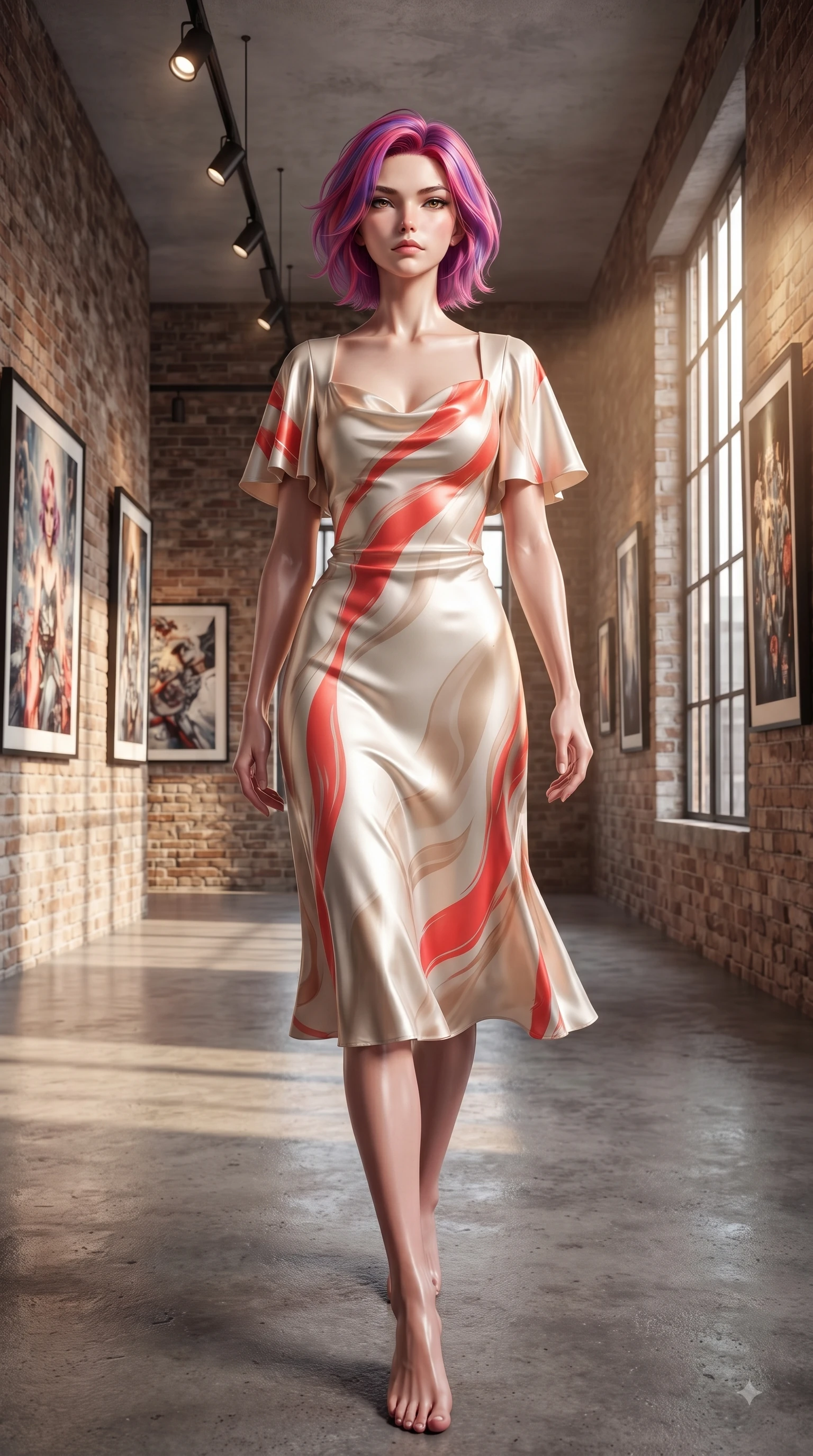 score_9, masterpiece, best quality, ultra-detailed, high-budget anime keyframe, editorial fashion photography, tasteful artistic composition, Caucasian woman. low angle full-body shot from head to toe showing her feet, filling the entire 9:16 vertical frame with her statuesque presence, stretching her vertical silhouette. Haughty, chic expression with a poised chin-tilt and an aloof, magnetic gaze commanding attention while stepping along a polished concrete gallery hall under sleek overhead gallery spotlights. The surrounding environment is rendered in vivid detail and crisp panoramic clarity. raw exposed brick walls, polished concrete floors, and detailed gallery artwork in high clarity. She has an absolutely perfect, statuesque 8.5-heads proportion, an exceptionally tall and slender model-like female figure with impossibly long slender legs and an ultra-slim waist. sharp v-shaped jawline, high-bridge nose, intricate jewel-like eyes with depth, thick eyelashes, glossy lips with a natural sheen, flawlessly proportioned anatomical accuracy, natural body alignment, perfectly sculpted elegant limbs, clean dynamic posture without body distortion. wearing an elegant ivory silk cowl-neck dress with fluid draped lines in vibrant coral red and soft beige, tailored from crisp high-density cotton poplin, featuring elegant flutter sleeves and a graceful square neckline, the chic fashion cut framing her graceful clavicle and slender torso. bathed in warm volumetric sunbeams filtering through tall industrial windows. ultra-reflective glossy finish, specular highlights, metallic sheen, high-contrast stereoscopic depth, volumetric dynamic lighting, 2k, ultra detail, master piece, 9:16 ratio