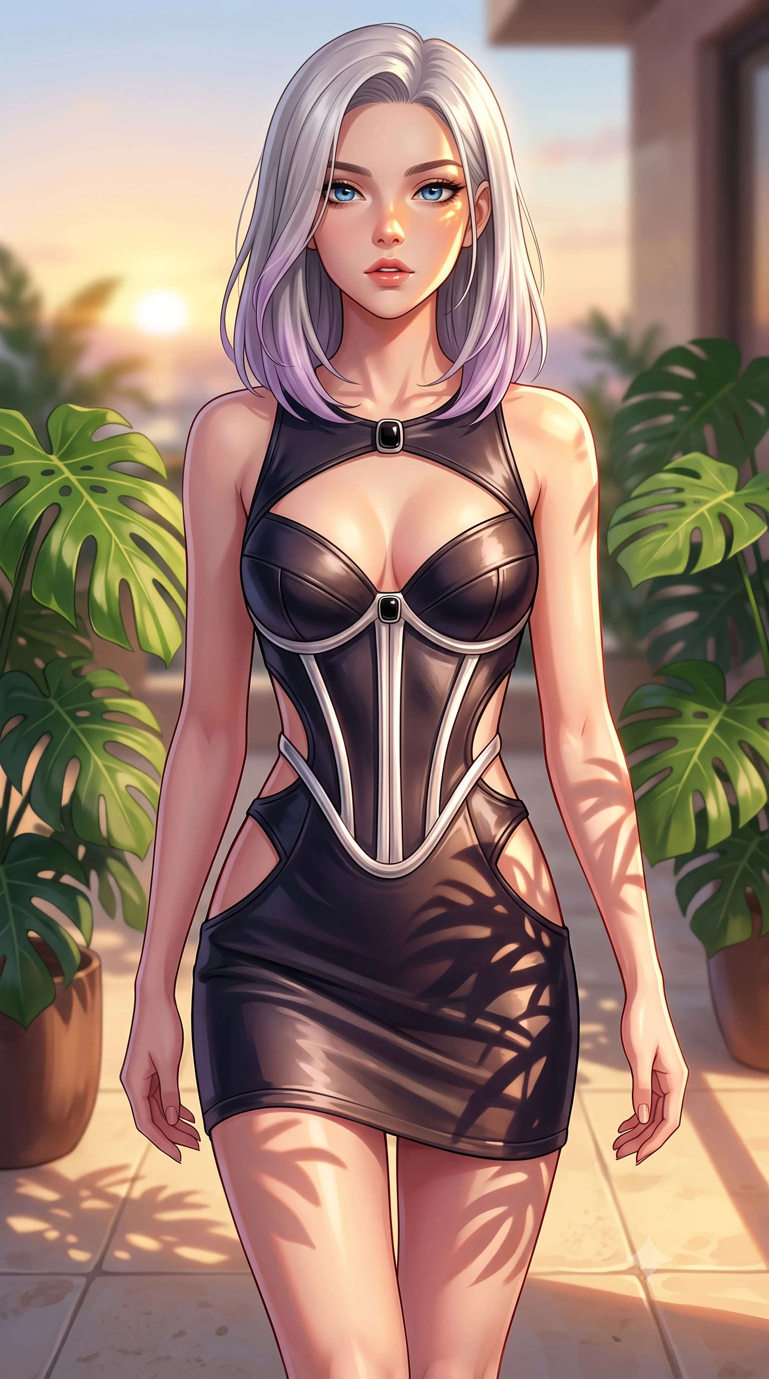 score_9, masterpiece, best quality, ultra-detailed, high-budget anime keyframe, editorial fashion photography, tasteful artistic composition, Caucasian woman. close-up cowboy shot from the waist and thighs up, the character dominates the composition, filling the frame with her large presence, background elements kept in soft focus. Tilting her chin up slightly with lips parted in a composed, magnetic expression, walking across a warm limestone terrace surrounded by potted tropical monstera leaves, golden sun rays highlighting her high-bridge nose and jewel-like eyes. She has an exceptionally elegant, slender, and willowy female figure with an ultra-slim waist, a gracefully sculpted slender torso, and a refined silhouette. sharp v-shaped jawline, high-bridge nose, intricate jewel-like eyes with depth, thick eyelashes, glossy lips with a natural sheen. wearing architectural cut-out dark leather mini dress with sculpted metallic boning in pearl white, made of sculpted obsidian metallic chrome, adorned with minimalist black onyx hardware framing the silhouette, contouring every curve with an exceptionally elegant silhouette. lit by golden-hour sunlight casting graceful organic leaf shadows. highly saturated vibrant anime colors, detailed shading with soft gradients, rich glossy textures, high-contrast stereoscopic depth, volumetric dynamic lighting, master piece, 9:16 ratio