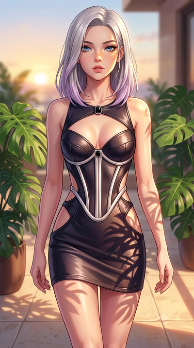 score_9, masterpiece, best quality, ultra-detailed, high-budget anime keyframe, editorial fashion photography, tasteful artistic composition, Caucasian woman. close-up cowboy shot from the waist and thighs up, the character dominates the composition,