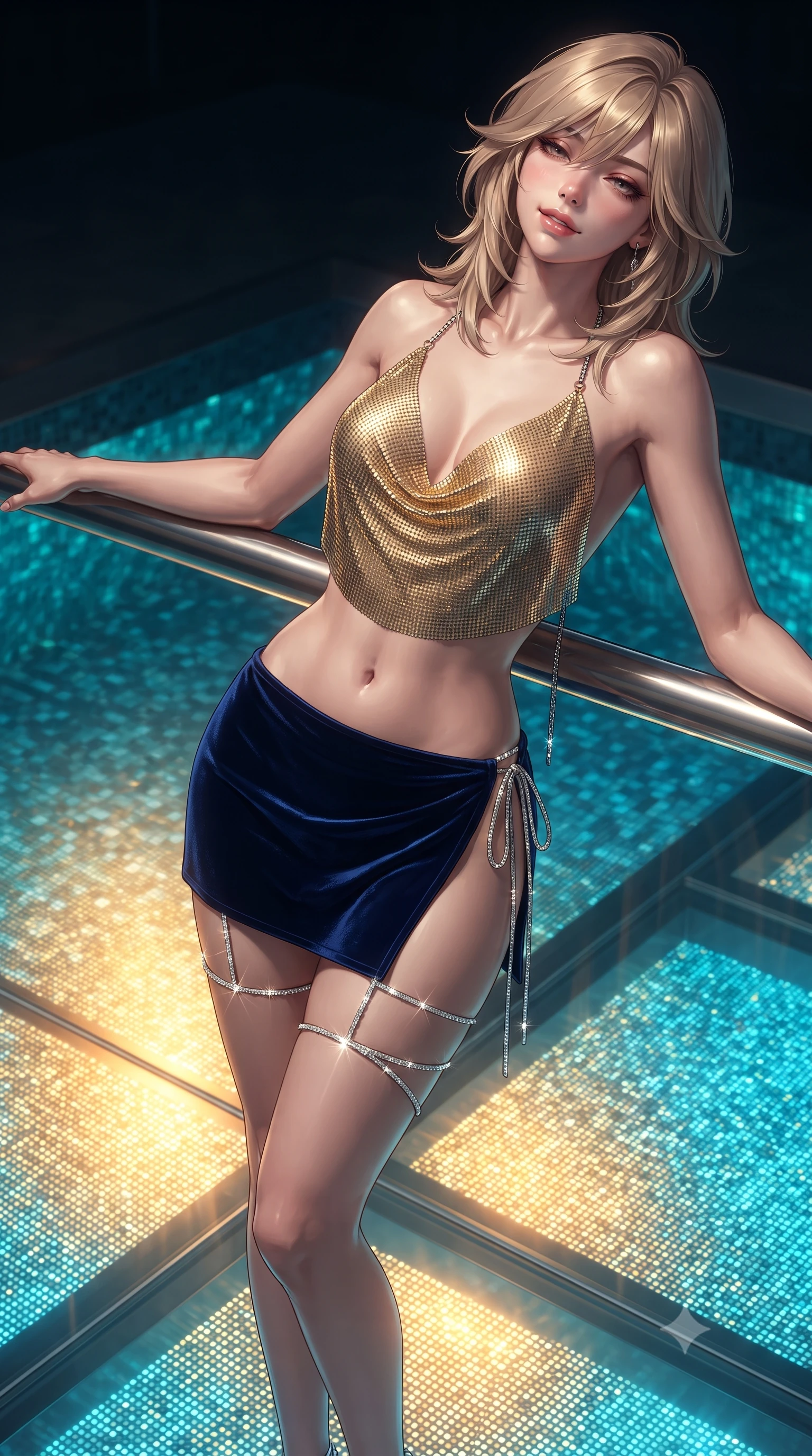 score_9, masterpiece, best quality, ultra-detailed, high-budget anime keyframe, editorial fashion photography, tasteful artistic composition, Japanese woman. close-up cowboy shot from the waist and thighs up, the character dominates the composition, filling the frame with her large presence. leaning back against the balustrade with relaxed seductive grace, head tilted back slightly while casting a hypnotic, heavy-lidded gaze while standing poised on the narrow transparent glass catwalk hovering over the illuminated pool, arching her spine with breathtaking daring. The surrounding environment is rendered in vivid detail and crisp panoramic clarity: sharp digital screen sub-pixel patterns under water, glass catwalk tread edges, and polished titanium coping in deep focus. She has an exceptionally elegant, slender, and willowy female figure with an ultra-slim waist, flat toned midriff, narrow ribcage, and sculpted feminine hips creating an alluring, slim hourglass silhouette without bulk. sharp v-shaped jawline, high-bridge nose, sparkling eyes with hypnotic seductive depth, thick curled eyelashes, glossy parted lips with a natural dewy peach sheen, alluring bedroom-eyes with an enchanting coquettish smile, exuding magnetic siren charisma and sophisticated glamour, flawlessly proportioned anatomical accuracy, strict slender model proportions, natural body alignment, perfectly sculpted long slender limbs, ultra-slim waistline, clean dynamic posture without body distortion. wearing a liquid gold chainmail cowl halter top paired with an ultra-low-rise velvet mini skirt and side rhinestone ties in molten liquid silver and deep sapphire navy, tailored from fine structural neoprene with crisp architectural edges and smooth contouring, finished with delicate crystal-encrusted thigh garter straps glinting in the dim light, the high-slit wrap tailoring accentuating her ultra-slim waistline and the enchanting curve of her feminine hips with alluring seductive charm. bathed in brilliant golden and cyan light radiating upward from the submerged high-resolution digital pool floor. ultra-reflective glossy finish, specular highlights, rich textural contrasts, high-contrast stereoscopic depth, volumetric dynamic lighting, 2k, ultra detail, master piece, 9:16 ratio