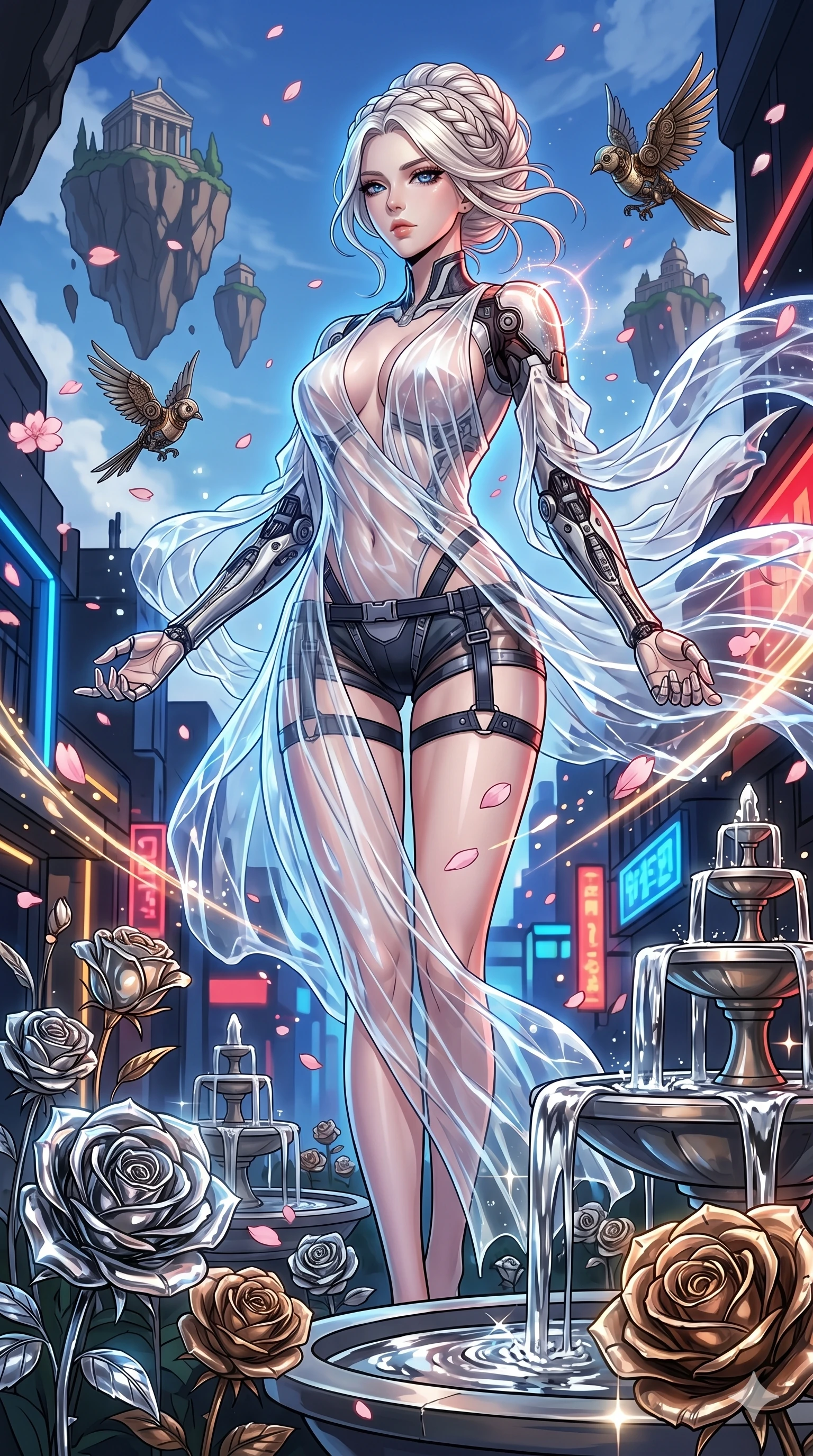 score_9, masterpiece, best quality, ultra-detailed, High-budget Anime Keyframe, vibrant colors, fluid line-art, expressive lighting, cinematic composition, Ufotable-style visual effects, top-tier animation quality, Korean woman with idol-like refined features. Cinematic low angle perspective showcasing her towering height and perfect 8-heads proportion. Meditating deeply in a serene garden of metallic roses and mercury fountains, the sound of clockwork birds in the air. She has an absolutely perfect 8-heads proportion, an exceptionally tall and slender female figure with impossibly long slender legs and an ultra-slim waist, her statuesque height and towering silhouette dominating the vertical 9:16 frame. Her face is a masterpiece featuring a sharp v-shaped jawline, high-bridge nose, intricate jewel-like eyes with depth, thick eyelashes, and glossy lips with a natural sheen. She is wearing a Cyber-augmented streetwear featuring mechanical arm parts and a micro-shorts/harness combo crafted from Sheer silk that is almost transparent, flowing like water around her statuesque frame, featuring a crystalline structure that catches the light and reveals her slender frame. The scene is set in an ancient floating island with pink cherry blossoms falling like snow against a blue sky, illuminated by harsh neon light and deep shadows creating a high-contrast noir aesthetic. 2k, ultra detail, master piece, 9:16 ratio