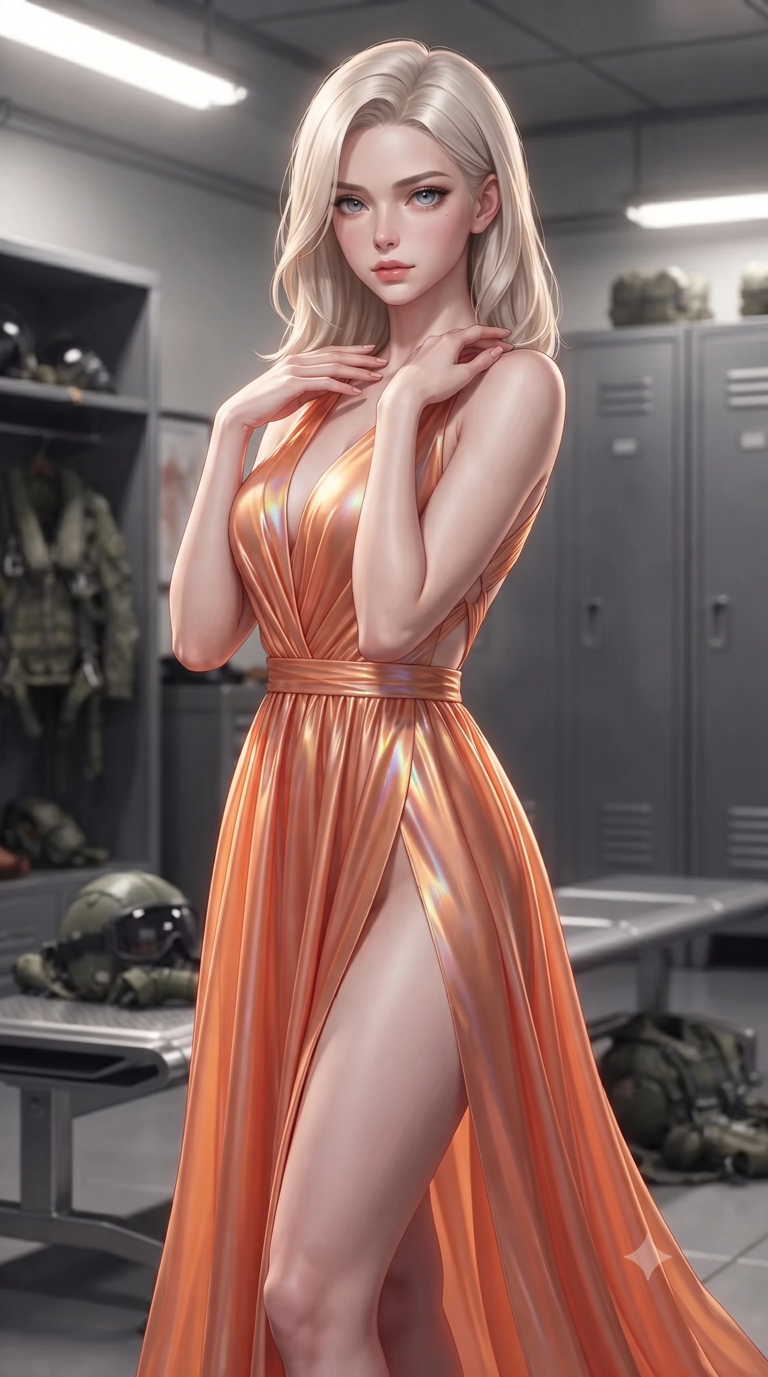 score_9, masterpiece, best quality, ultra-detailed, high-budget anime keyframe, editorial fashion photography, tasteful artistic composition, Caucasian woman. close-up cowboy shot from the waist and thighs up, the character dominates the composition, filling the frame with her large presence, background elements kept in soft focus. standing in a relaxed, elegant posture with both hands resting lightly on her collarbone, looking at the viewer with bedroom-eyes, the background shows a soft-focus a pilot ready room with metal benches, flight gear, and composite lockers. She has an exceptionally elegant, slender, and willowy female figure with an ultra-slim waist, a gracefully sculpted slender torso, and a refined silhouette. sharp v-shaped jawline, high-bridge nose, intricate jewel-like eyes with depth, thick eyelashes, glossy lips with a natural sheen. wearing a tailored high-slit space combat gown in sunset orange chiffon, featuring a daring thigh-slit and an open-back design. bright halogen lamps casting detailed front illumination with soft shadows. ultra-reflective glossy finish, specular highlights, metallic sheen, high-contrast stereoscopic depth, volumetric dynamic lighting, 2k, ultra detail, master piece, 9:16 ratio