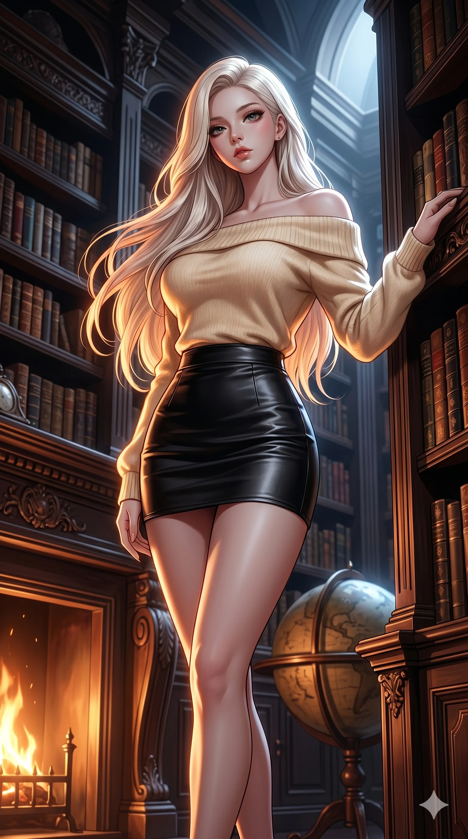 score_9, masterpiece, best quality, ultra-detailed, high-budget anime keyframe portrait, an incredibly beautiful Caucasian anime girl with pale skin anime girl. Low angle cowboy shot filling the frame. She has an absolutely perfect 8-heads proportion, an exceptionally tall female figure with long slender legs and a voluptuous body. Her face is a highly detailed masterpiece featuring a v-shaped jawline, high-bridge nose, intricate jewel-like eyes, thick eyelashes, and glossy lips. She has platinum blonde flowing hair. She is wearing a seductive off-shoulder cashmere sweater and a tight leather mini skirt, highlighting her alluring silhouette. Expensive private library, warm fireplace light, dramatic rim lighting, cinematic shadows, 2k, ultra detail, master piece, 9:16 ratio