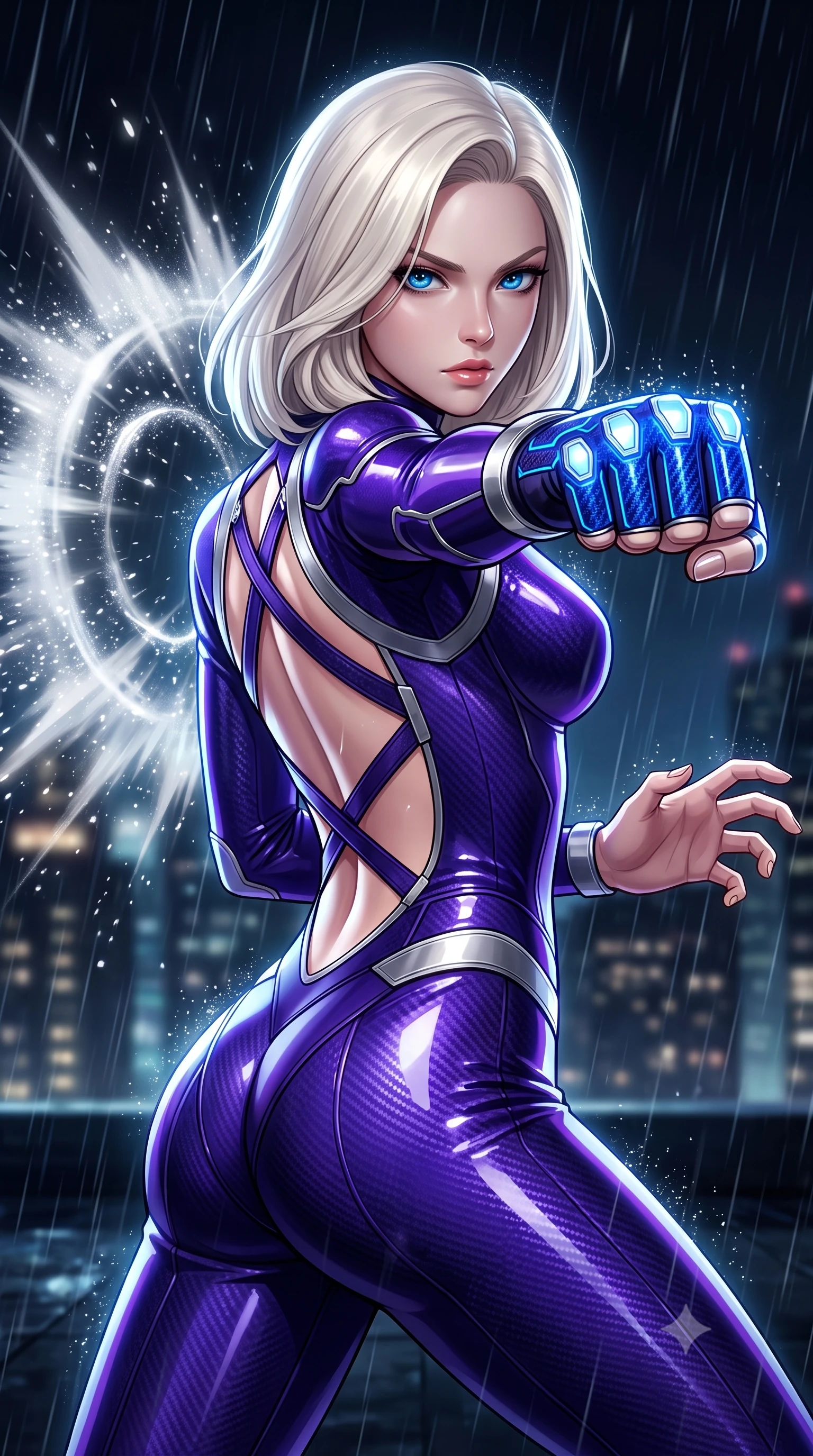 score_9, masterpiece, best quality, ultra-detailed, high-budget anime keyframe, semi-realistic 3D game render, editorial fashion photography, tasteful artistic composition, Caucasian woman. close-up cowboy shot from the waist and thighs up, the character dominates the composition, filling the frame with her large presence. in a razor-sharp Panzer Kunst fighting guard, one hand extended with palm open in fluid kinetic tension, captivating jewel-like eyes locked onto the viewer with dangerous focus while delivering a lightning-fast kinetic punch on a rain-swept skyscraper rooftop, generating a visible conical air-distortion shockwave. The composition keeps background elements in soft focus with creamy bokeh. sparkling shockwave condensation rings and splashing raindrops scattering radiant light across a dark backdrop. She has an exceptionally elegant, slender, and willowy female figure with an ultra-slim waist, a gracefully sculpted slender torso, toned flat midriff, and a refined slim silhouette. sharp v-shaped jawline, high-bridge nose, intricate jewel-like eyes with depth, thick eyelashes, glossy lips with a natural sheen, flawlessly proportioned anatomical accuracy, strict slender model proportions, natural body alignment, perfectly sculpted long slender limbs, ultra-slim waistline, clean dynamic posture without body distortion. wearing a precision-fitted royal purple carbon-fiber martial arts suit with silver accents and glowing micro-circuit knuckle plating in electric cobalt blue carbon with polished platinum trim, formed from high-gloss patent carbon-plating with specular chiaroscuro reflections, complemented by criss-cross back harness straps highlighting her completely bare spine, the glove-like aerodynamic second-skin fit tightly clinging to her ultra-slender waist and athletic curves without adding bulk, accentuating her razor-sharp statuesque lines and slim hourglass silhouette. illuminated by crisp white key lighting with sharp specular highlights tracing her sculpted flat midriff and waist. rich saturated anime colors with glowing neon highlights, detailed shading with soft gradients, rich glossy textures, high-contrast stereoscopic depth, volumetric dynamic lighting, master piece, 9:16 ratio