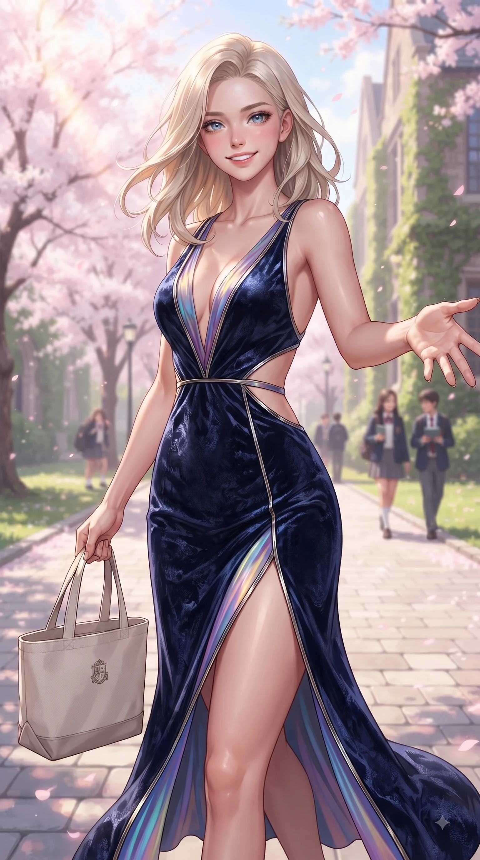 score_9, masterpiece, best quality, ultra-detailed, high-budget anime keyframe, editorial fashion photography, tasteful artistic composition, Caucasian woman. close-up cowboy shot from the waist and thighs up, the character dominates the composition, filling the frame with her large presence, background elements kept in soft focus. Fresh enchanting smile, her eyes twinkling like jewels in the bright sunlight as one arm reaches out cheerfully while stepping along a paved academy path carrying a canvas tote bag with fresh youthful energy, bright spring sunbeams illuminating the scene in soft pastel pink and gold tones. She has an exceptionally elegant, slender, and willowy female figure with an ultra-slim waist, a gracefully sculpted slender torso, and a refined silhouette. sharp v-shaped jawline, high-bridge nose, intricate jewel-like eyes with depth, thick eyelashes, glossy lips with a natural sheen, flawlessly proportioned anatomical accuracy, natural body alignment, perfectly sculpted elegant limbs, clean dynamic posture without body distortion. wearing a backless crushed velvet gown with a deep V-neckline and high thigh slit in midnight navy blue and chrome trim, crafted from iridescent chiffon that shifts colors in the light, featuring subtle geometric cutouts that highlight her ultra-slim midriff, the elegant draped fit framing her graceful clavicle and slender torso. surrounded by a fresh, sweet, and nostalgic spring school atmosphere. ultra-reflective glossy finish, specular highlights, metallic sheen, high-contrast stereoscopic depth, volumetric dynamic lighting, 2k, ultra detail, master piece, 9:16 ratio