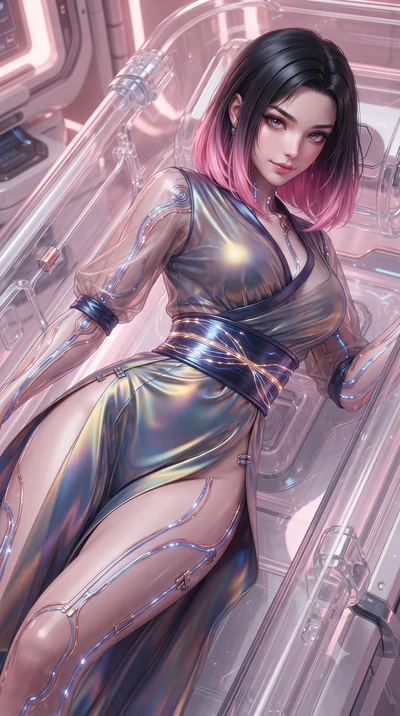 score_9, masterpiece, best quality, ultra-detailed, high-budget anime keyframe, editorial fashion photography, tasteful artistic composition, Korean woman. close-up cowboy shot from the waist and thighs up, the character dominates the composition, fi