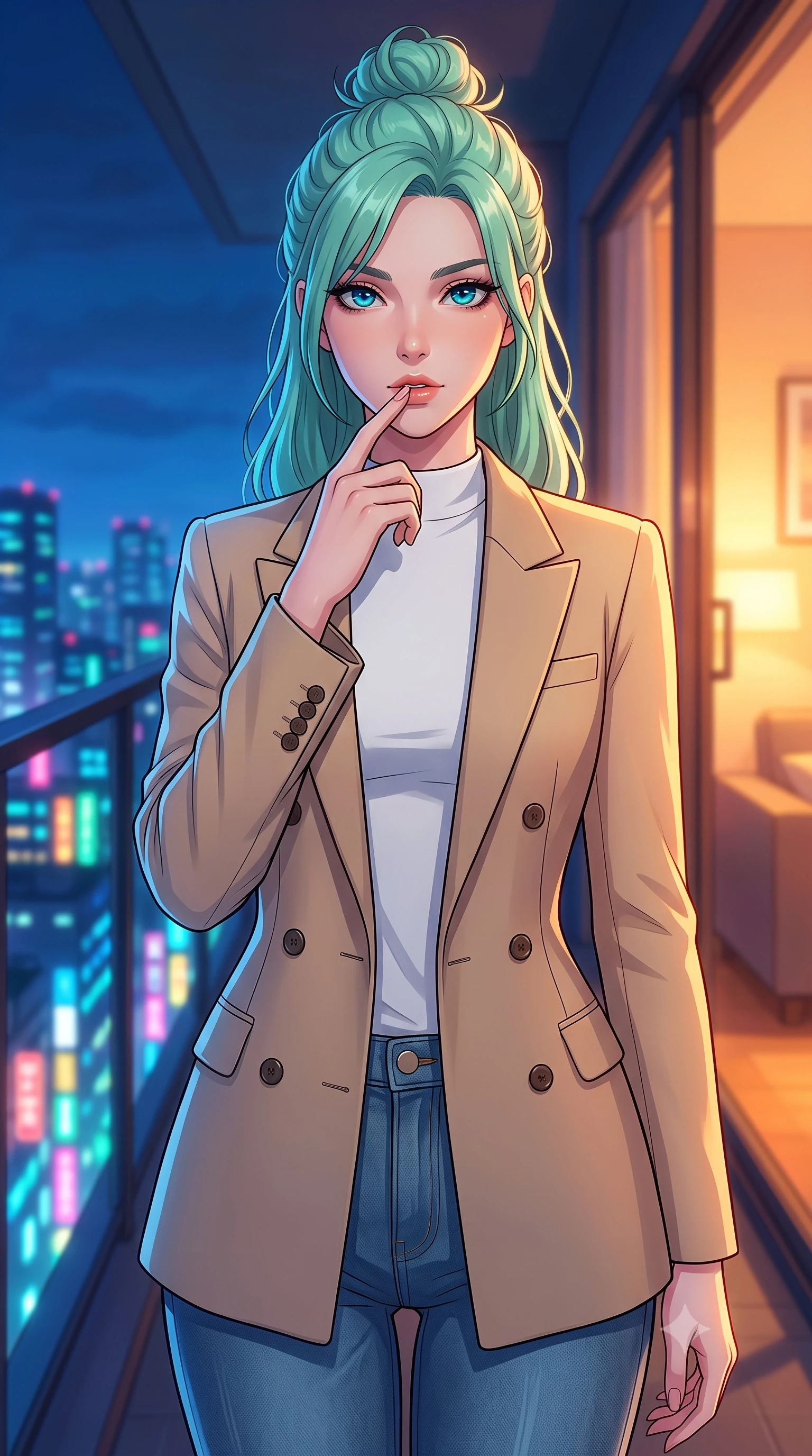 score_9, masterpiece, best quality, ultra-detailed, high-budget anime keyframe, tasteful artistic composition, Japanese woman. close-up cowboy shot from the waist and thighs up, the character dominates the composition, filling the frame with her large presence, background elements kept in soft focus. pressing one finger to her bottom lip in a thoughtful, seductive gesture under the warm sun the background shows a soft-focus a quiet high-rise balcony overlooking the neon grid after midnight. She has an exceptionally elegant, slender, and willowy female figure with an ultra-slim waist, a gracefully sculpted slender torso, and a refined silhouette. sharp v-shaped jawline, high-bridge nose, intricate jewel-like eyes with depth, thick eyelashes, glossy lips with a natural sheen. wearing a form-contouring tailored double-breasted blazer in sand wool, worn over a white mock-neck tee and denim jeans. cool blue ambient twilight light contrasting with a warm orange room light inside. highly saturated vibrant anime colors, cel-shading, 2d style, master piece, 9:16 ratio