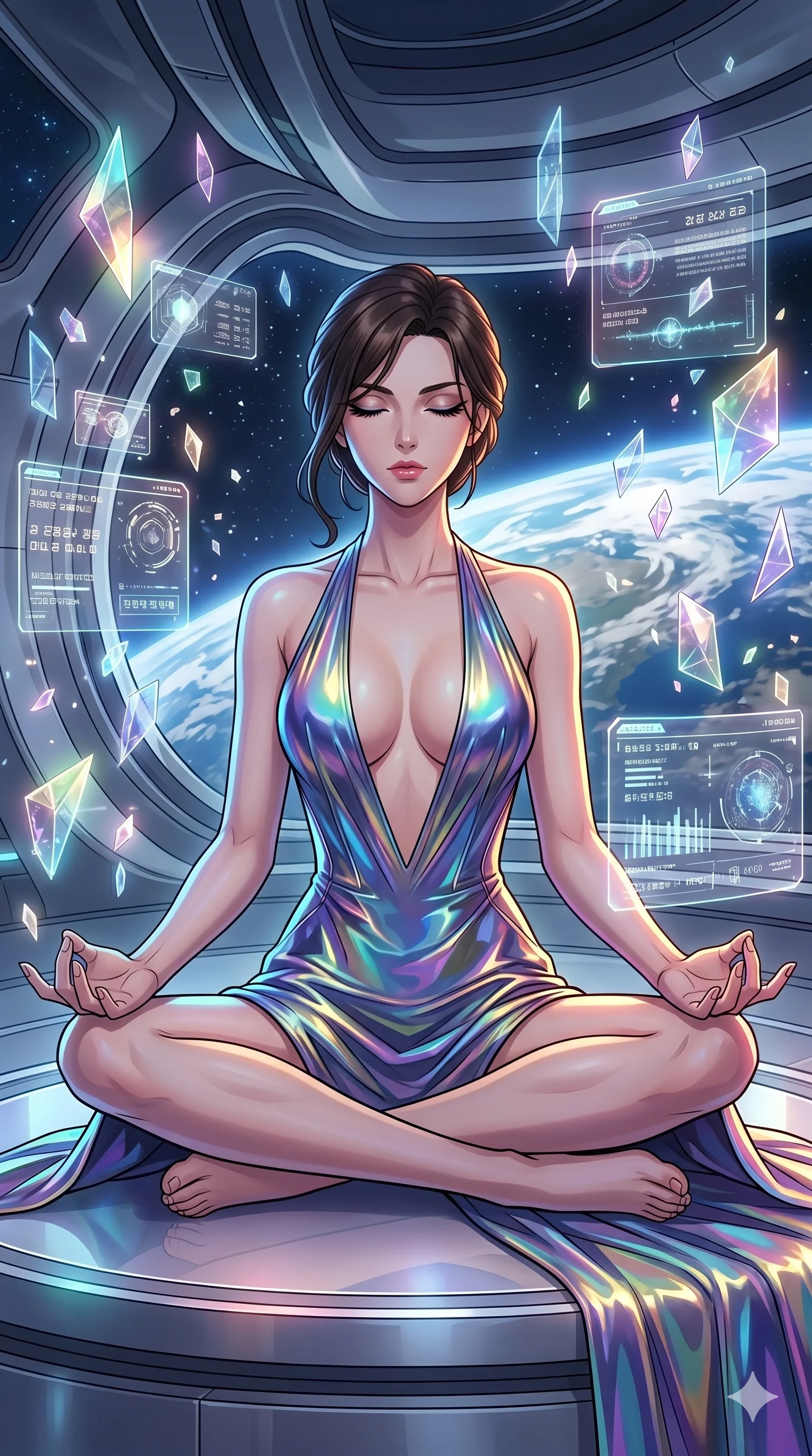 첨부의 캐릭터를 고정하여, 절대로 의상과 포즈를 동일하게 하지말고 현재 프롬프트 기반으로 이미지를 완전히 재구성해야해. score_9, masterpiece, best quality, ultra-detailed, high-budget anime movie keyframe, cinematic anime lighting, intricate line art, Caucasian (strictly human ears) woman. Upper body filling screen focusing on her alluring features and slim-fit silhouette. meditating peacefully in a futuristic orbital station surrounded by floating data-shards. She has an absolutely perfect 8-heads proportion, an exceptionally tall and slender female figure with an ultra-slim waist and impossibly long slender legs. sharp v-shaped jawline, high-bridge nose, intricate jewel-like eyes, thick eyelashes, glossy lips. Wearing avant-garde high-fashion gown made of iridescent vinyl with a dangerously high side slit and a plunging neckline, revealing an ultra-slim waist and long slender legs. The scene is illuminated by dramatic atmospheric lighting and vibrant color palettes. , 2k, ultra detail, master piece, 9:16 ratio