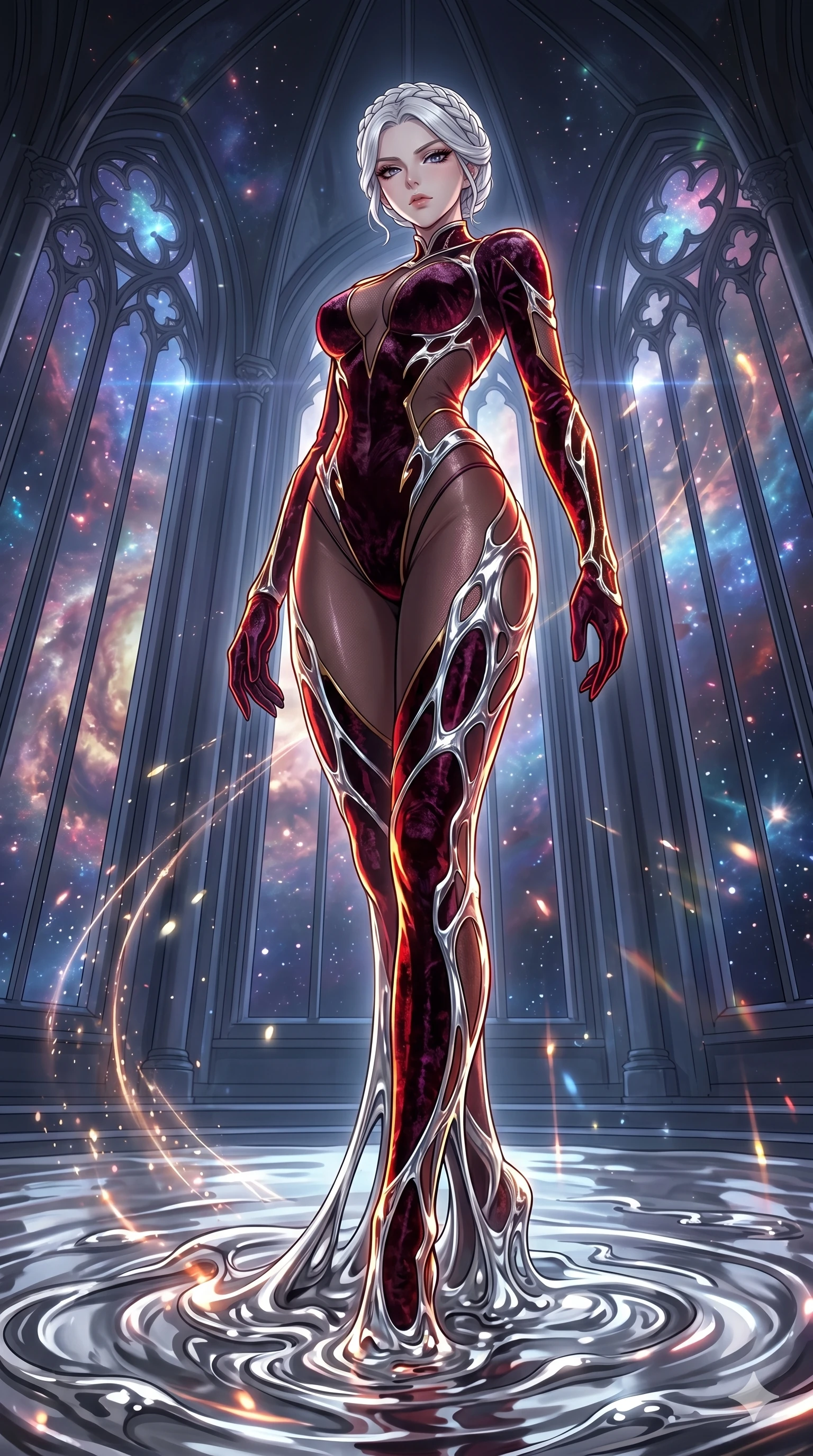score_9, masterpiece, best quality, ultra-detailed, High-budget Anime Keyframe, vibrant colors, fluid line-art, expressive lighting, cinematic composition, Ufotable-style visual effects, top-tier animation quality, Japanese woman with delicate and elegant anime-inspired features. Dynamic full-body shot stretching the vertical silhouette, capturing her from a powerful low-angle perspective. Emerging slowly from a pool of liquid silver, the metallic substance clinging to her skin before transforming into her outfit. She has an absolutely perfect 8-heads proportion, an exceptionally tall and slender female figure with impossibly long slender legs and an ultra-slim waist, her statuesque height and towering silhouette dominating the vertical 9:16 frame. Her face is a masterpiece featuring a sharp v-shaped jawline, high-bridge nose, intricate jewel-like eyes with depth, thick eyelashes, and glossy lips with a natural sheen. She is wearing a Sci-fi pilot flight suit with an open collar and strategically placed mesh panels crafted from Crushed dark velvet with a deep, rich texture that absorbs light and glows at the edges, with sheer fabric transparency over her delicate curves and a high-cut silhouette. The scene is set in a majestic gothic cathedral in deep space with massive windows overlooking a swirling nebula, illuminated by flickering starlight and nebula glow providing a mystical and vast ambiance. 2k, ultra detail, master piece, 9:16 ratio