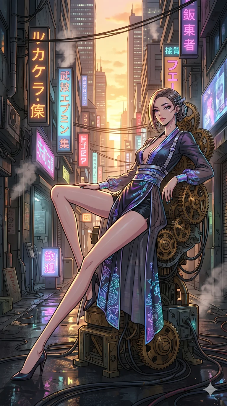score_9, masterpiece, best quality, ultra-detailed, high-budget anime movie keyframe, cinematic anime lighting, intricate line art, Japanese woman. Dynamic full-body shot stretching the vertical silhouette across the 9:16 frame. resting on a throne of gears in a neon-lit cyberpunk alleyway during a golden sunset. She has an absolutely perfect 8-heads proportion, an exceptionally tall and slender female figure with an ultra-slim waist and impossibly long slender legs. sharp v-shaped jawline, high-bridge nose, intricate jewel-like eyes, thick eyelashes, glossy lips. Wearing modernized deep-plunging silk hanbok-fusion with metallic straps, a high-slit sheer skirt over micro-shorts, and holographic embroidered patterns. The scene is illuminated by dramatic atmospheric lighting and vibrant color palettes. , 2k, ultra detail, master piece, 9:16 ratio