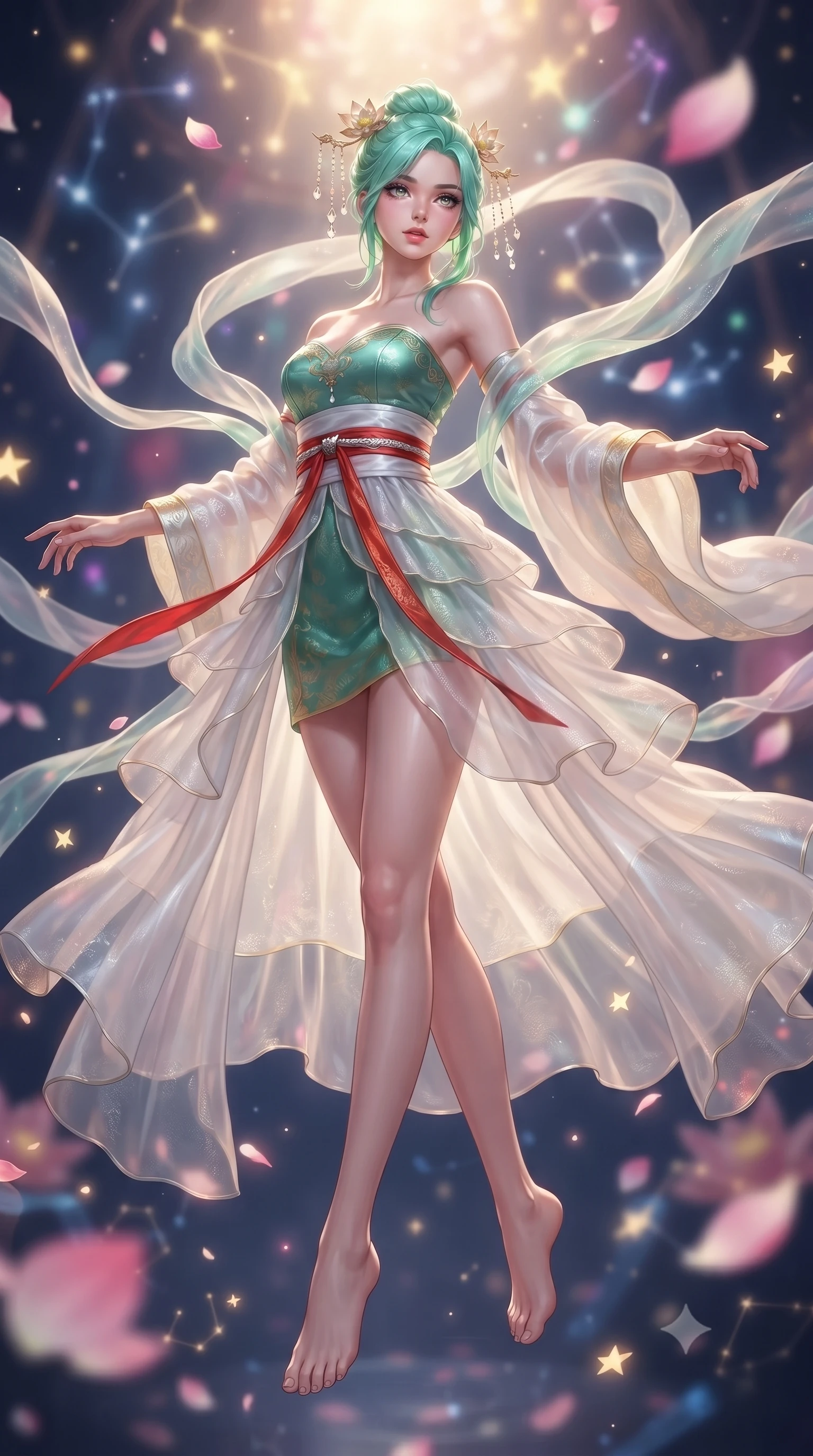 score_9, masterpiece, best quality, ultra-detailed, high-budget anime keyframe, editorial fashion photography, tasteful artistic composition, Japanese woman. low angle full-body shot from head to toe showing her feet, filling the entire 9:16 vertical frame with her statuesque presence, stretching her vertical silhouette. executing an elegant mid-motion spin with effortless grace, her garments fluttering softly around her ultra-slim waistline while floating weightlessly in a celestial sanctuary chamber where endless translucent silk ribbons and glowing star petals drift in zero gravity. The composition keeps background elements in soft focus with creamy bokeh. floating holographic constellations and drifting pink lotus petals blurred into celestial indigo, gold, and magenta bokeh. She has an absolutely perfect, statuesque 8.5-heads proportion, an exceptionally tall and slender model-like female figure with impossibly long slender legs, a toned flat midriff, and an ultra-slim waist. sharp v-shaped jawline, high-bridge nose, intricate jewel-like eyes with depth, thick eyelashes, glossy lips with a natural sheen, captivating and magnetic expression, flawlessly proportioned anatomical accuracy, strict slender model proportions, natural body alignment, perfectly sculpted long slender limbs, ultra-slim waistline, clean dynamic posture without body distortion. wearing a jade-inlaid silk bustier dress with multi-tiered translucent organza train and metallic sash in pure snow white and vermilion red, woven from lightweight fluid silk brocade with woven gold thread, finished with delicate golden lotus hairpins and dangling crystal beads, the form-contouring material adhering flawlessly to her sculpted flat midriff and slender torso, emphasizing her long leg lines and perfectly proportioned willowy build. bathed in multidirectional celestial starlight and warm golden constellation backlighting. ultra-reflective glossy finish, specular highlights, rich textural contrasts, high-contrast stereoscopic depth, volumetric dynamic lighting, 2k, ultra detail, master piece, 9:16 ratio