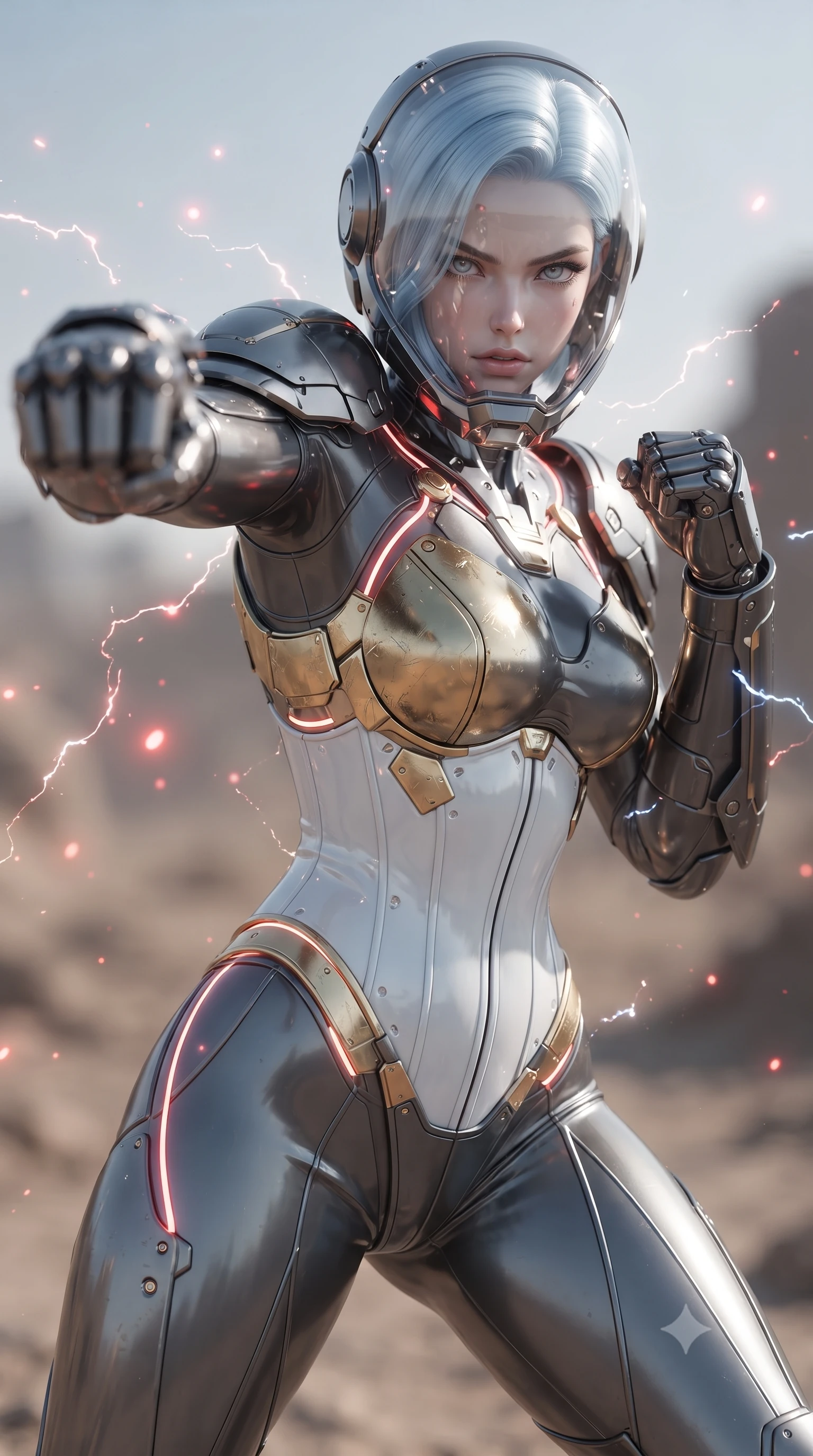 score_9, masterpiece, best quality, ultra-detailed, high-budget anime keyframe, editorial fashion photography, tasteful artistic composition, Korean woman. close-up cowboy shot from the waist and thighs up, the character dominates the composition, filling the frame with her large presence. thrusting a high-speed kinetic punch toward the camera, a visible conical shockwave distortion wrapping around her armored forearm while arching her spine in a fluid motion as she parries an unseen shockwave with her reinforced kinetic forearm bracers. The composition keeps background elements in soft focus with creamy bokeh. sparkling static electricity arcs scattering glowing red light motes across a desolated wasteland backdrop. She has an exceptionally elegant, slender, and willowy female figure with an ultra-slim waist, a gracefully sculpted slender torso, toned flat midriff, and a refined slim silhouette. sharp v-shaped jawline, high-bridge nose, intricate jewel-like eyes with depth, thick eyelashes, glossy lips with a natural sheen, fierce and resolute heroine expression, flawlessly proportioned anatomical accuracy, strict slender model proportions, natural body alignment, perfectly sculpted long slender limbs, ultra-slim waistline, clean dynamic posture without body distortion. wearing a crystal-clear transparent armored riot-visor helmet showing her entire beautiful face and determined expression with pristine clarity, paired with a statuesque high-fashion cyber-warrior armor suit with platinum bevels, heavy articulated shoulder guards, and an ultra-slim waist-cinching corset in arctic white carbon composite with scratched solar gold armor plating, made of lightweight aerodynamic carbon-titanium alloy with precision-beveled armor seams, accented with glowing fiber-optic telemetry conduits tracing her collarbones and hip curves, the liquid-tight tailored fabric emphasizing every curve of her tall, slender model proportions and sculptured silhouette during dynamic movement. illuminated by crisp white key light with sharp specular highlights tracing her ultra-slim waist and long legs. ultra-reflective glossy finish, specular highlights, dark metallic sheen, high-contrast stereoscopic depth, volumetric dynamic lighting, 2k, ultra detail, master piece, 9:16 ratio