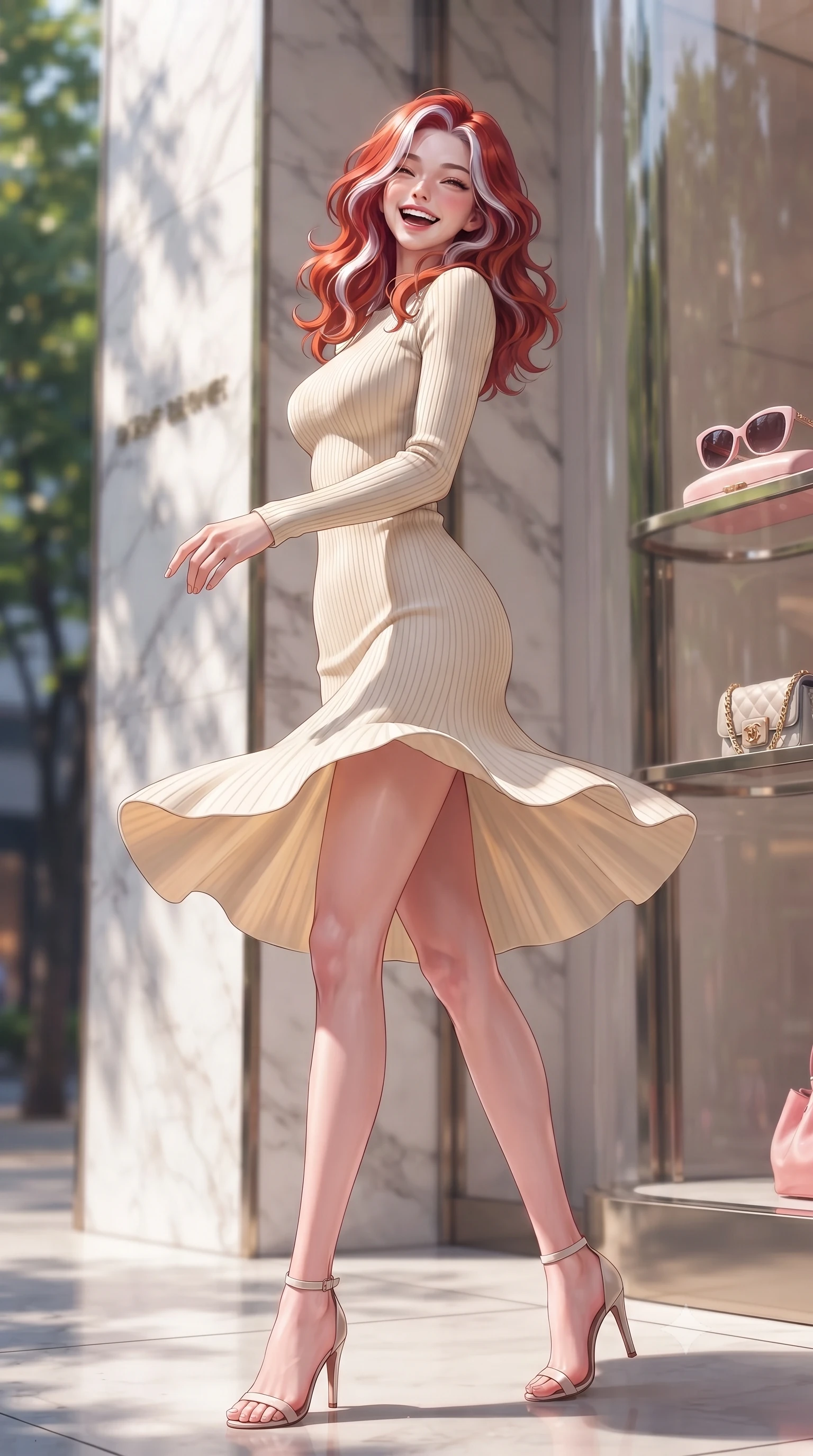 score_9, masterpiece, best quality, ultra-detailed, high-budget anime keyframe, editorial fashion photography, tasteful artistic composition, Caucasian woman. low angle full-body shot from head to toe showing her feet, filling the entire 9:16 vertical frame with her statuesque presence, stretching her vertical silhouette. twirling around with a playful, sensual laugh, her dress fluttering elegantly to accent her waistline set against a soft-focus background of near a chic department store entrance with marble walls and glass displays holding a cute designer sunglasses case and a small chain bag. She has an absolutely perfect, statuesque 8.5-heads proportion, an exceptionally tall and slender model-like female figure with impossibly long slender legs and an ultra-slim waist. sharp v-shaped jawline, high-bridge nose, intricate jewel-like eyes with depth, thick eyelashes, glossy lips with a natural sheen. wearing form-contouring form-fitting ribbed knit dress in cream, contouring her slender silhouette. dappled sunlight filtering through the street trees, casting soft shadows. highly saturated vibrant anime colors, detailed shading with soft gradients, rich glossy textures, high-contrast stereoscopic depth, volumetric dynamic lighting, master piece, 9:16 ratio