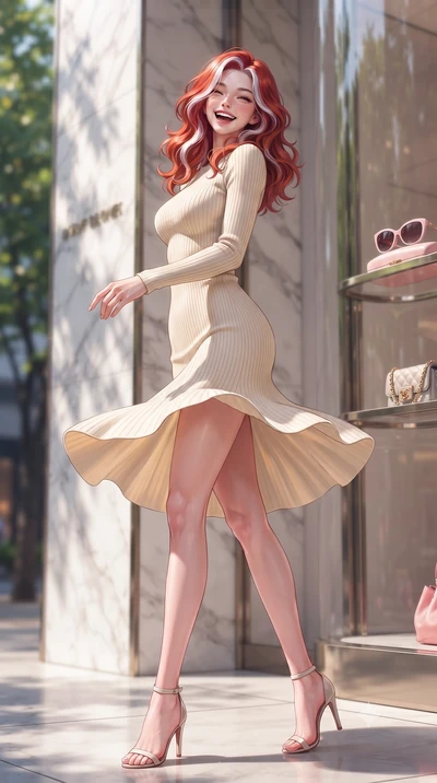 score_9, masterpiece, best quality, ultra-detailed, high-budget anime keyframe, editorial fashion photography, tasteful artistic composition, Caucasian woman. low angle full-body shot from head to toe showing her feet, filling the entire 9:16 vertica