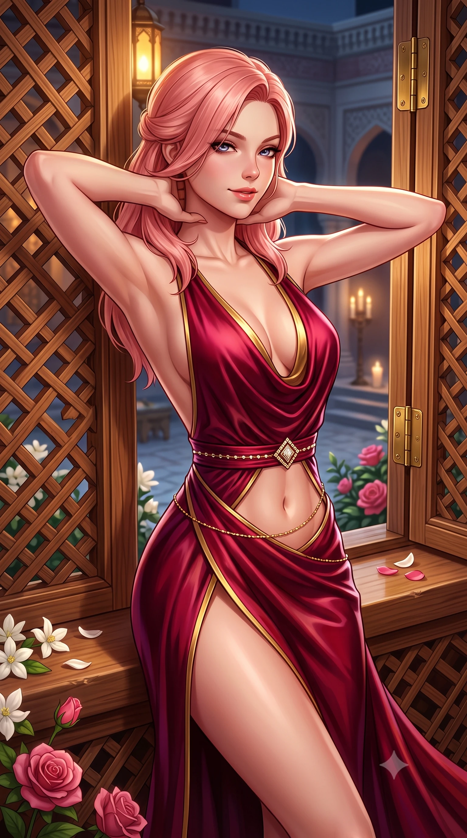 score_9, masterpiece, best quality, ultra-detailed, high-budget anime keyframe, semi-realistic 3D game render, editorial fashion photography, tasteful artistic composition, Japanese woman. close-up cowboy shot from the waist and thighs up, the character dominates the composition, filling the frame with her large presence. resting both hands lightly behind her neck with elbows raised, arching her spine to highlight her narrow waist, flat midriff, and breathtaking collarbones while leaning against the wooden lattice sill with hips cocked back, casting a smoldering glance through the open shutter toward the candlelit courtyard. The surrounding environment is rendered in vivid detail and crisp panoramic clarity: sharp intricate interlocking joinery of cedar mashrabiya lattice, polished brass shutter hinges, and fragrant flower petal textures in deep focus. She has an exceptionally elegant, slender, and willowy female figure with an ultra-slim waist, flat toned midriff, narrow ribcage, and sculpted feminine hips creating an alluring, slim hourglass silhouette without bulk. sharp v-shaped jawline, high-bridge nose, sparkling eyes with hypnotic seductive depth, thick curled eyelashes, glossy parted lips with a natural dewy peach sheen, alluring bedroom-eyes with an enchanting coquettish smile, exuding magnetic siren charisma and sophisticated glamour, flawlessly proportioned anatomical accuracy, strict slender model proportions, natural body alignment, perfectly sculpted long slender limbs, ultra-slim waistline, clean dynamic posture without body distortion. wearing a plunging cowl-neck liquid silk evening gown with dramatic train and diamond-accented waist cinch in Vienna imperial bordeaux and Habsburg gold, tailored from fine structural neoprene with crisp architectural edges and smooth contouring, accented with a dainty gold belly chain resting across her flat midriff and curving hips, the high-slit wrap tailoring accentuating her ultra-slim waistline and the enchanting curve of her feminine hips with alluring seductive charm. illuminated by warm interior lantern bounce and sharp silver-gold rim lights defining her razor-sharp jawline, narrow waist, and curvy hips. highly saturated vibrant anime colors, detailed shading with soft gradients, rich glossy textures, high-contrast stereoscopic depth, volumetric dynamic lighting, master piece, 9:16 ratio