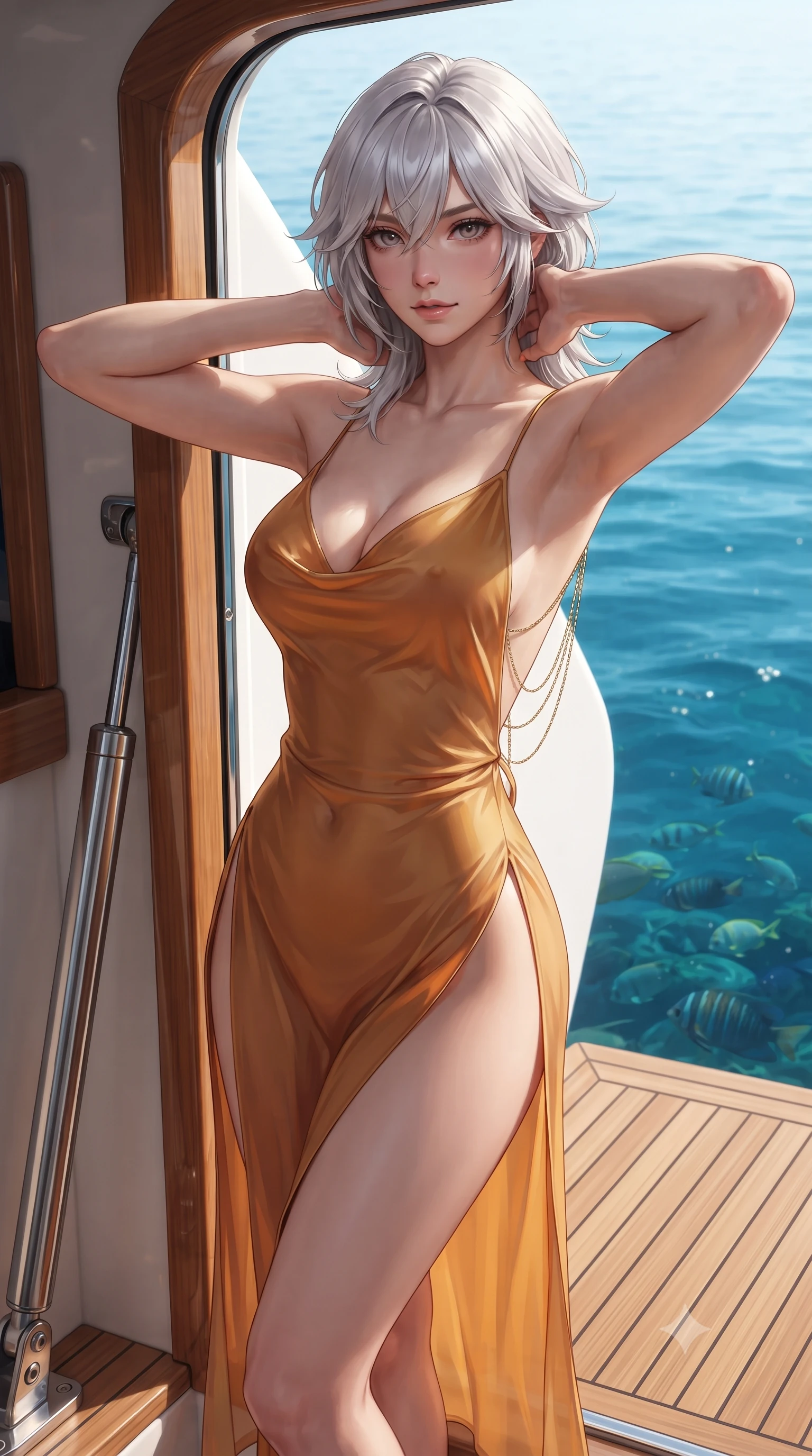 score_9, masterpiece, best quality, ultra-detailed, high-budget anime keyframe, editorial fashion photography, tasteful artistic composition, Japanese woman. close-up cowboy shot from the waist and thighs up, the character dominates the composition, filling the frame with her large presence. resting both hands lightly behind her neck with elbows raised, arching her spine to highlight her narrow waist, flat midriff, and breathtaking collarbones while leaning against the yacht hull opening frame with hips cocked back, looking into the camera with an irresistible bedroom-gaze. The surrounding environment is rendered in vivid detail and crisp panoramic clarity: sharp teak plank caulking, stainless steel hydraulic piston polish, and swimming reef fish clarity in deep focus. She has an exceptionally elegant, slender, and willowy female figure with an ultra-slim waist, flat toned midriff, narrow ribcage, and sculpted feminine hips creating an alluring, slim hourglass silhouette without bulk. sharp v-shaped jawline, high-bridge nose, sparkling eyes with hypnotic seductive depth, thick curled eyelashes, glossy parted lips with a natural dewy peach sheen, alluring bedroom-eyes with an enchanting coquettish smile, exuding magnetic siren charisma and sophisticated glamour, flawlessly proportioned anatomical accuracy, strict slender model proportions, natural body alignment, perfectly sculpted long slender limbs, ultra-slim waistline, clean dynamic posture without body distortion. wearing a plunging cowl-neck liquid silk satin slip gown with daring hip-high double slits and delicate back ties in warm amber honey and antique gold leaf, made of sheer gossamer chiffon that drapes softly against skin with airy translucence, accented with an open-back drape framed by falling strands of delicate gold chains, the form-contouring silhouette accentuating her sculpted flat midriff, narrow delicate ribcage, and gracefully curvy hips with intoxicating allure. illuminated by water surface reflection bounce and sharp cyan-gold rim lights defining her delicate clavicles, narrow waist, and curvy hips. ultra-reflective glossy finish, specular highlights, rich textural contrasts, high-contrast stereoscopic depth, volumetric dynamic lighting, 2k, ultra detail, master piece, 9:16 ratio