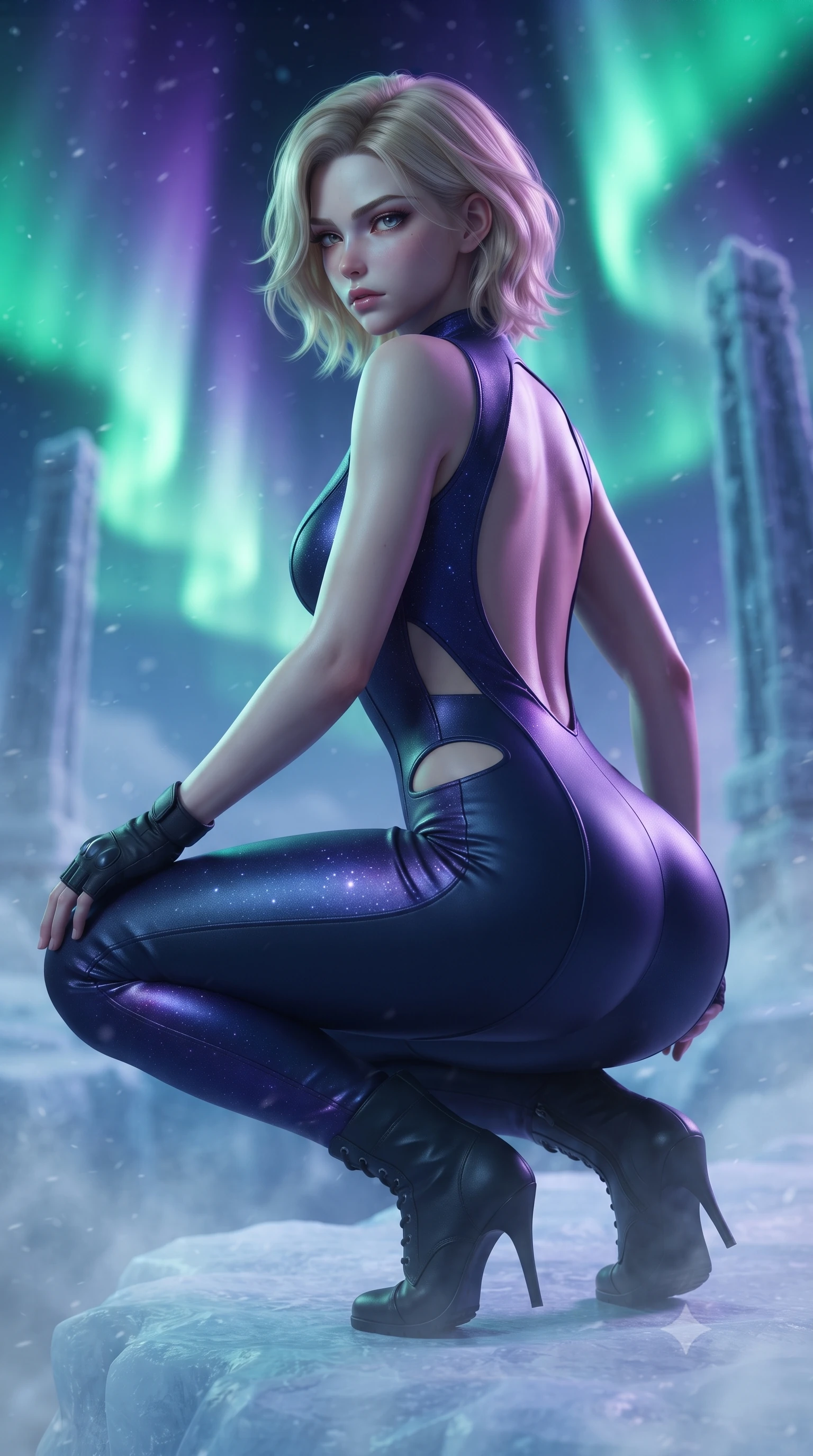 score_9, masterpiece, best quality, ultra-detailed, high-budget anime keyframe, editorial fashion photography, tasteful artistic composition, Caucasian woman. close-up cowboy shot from the waist and thighs up, the character dominates the composition, filling the frame with her large presence. twisting her slender torso in a deep contrapposto stance, hips dramatically shifted to accentuate her feminine curves while looking past her shoulder with smoldering bedroom-eyes while crouching low in a kinetic warrior stance on the ice ridge, her athletic feminine curves and sculpted glutes highlighted by aurora ribbons. The composition keeps background elements in soft focus with creamy bokeh. frosted titanium temple pylons and swirling snow haze softened in dramatic cinematic depth. She has an exceptionally elegant, slender, and willowy female figure with an ultra-slim waist, a gracefully sculpted slender torso, toned flat midriff, and rounded feminine hips creating an alluring hourglass silhouette. sharp v-shaped jawline, high-bridge nose, intricate jewel-like eyes with depth, thick eyelashes, glossy parted lips with a natural sheen, intensely captivating and seductive bedroom-eyes expression, flawlessly proportioned anatomical accuracy, strict slender model proportions, natural body alignment, perfectly sculpted long slender limbs, ultra-slim waistline, clean dynamic posture without body distortion. wearing an undercover operative tailored backless evening catsuit with concealed gadget pockets in deep midnight navy and glowing violet starlight, crafted from flexible ballistic matte leather and aerodynamic stretch neoprene, complemented by tactical fingerless combat gloves and stiletto combat boots, the precision-cut side openings and low-back scoop framing her graceful spine and the sensual sweep of her hips. bathed in vibrant emerald and violet aurora backlighting from the polar sky. ultra-reflective glossy finish, specular highlights, rich textural contrasts, high-contrast stereoscopic depth, volumetric dynamic lighting, 2k, ultra detail, master piece, 9:16 ratio