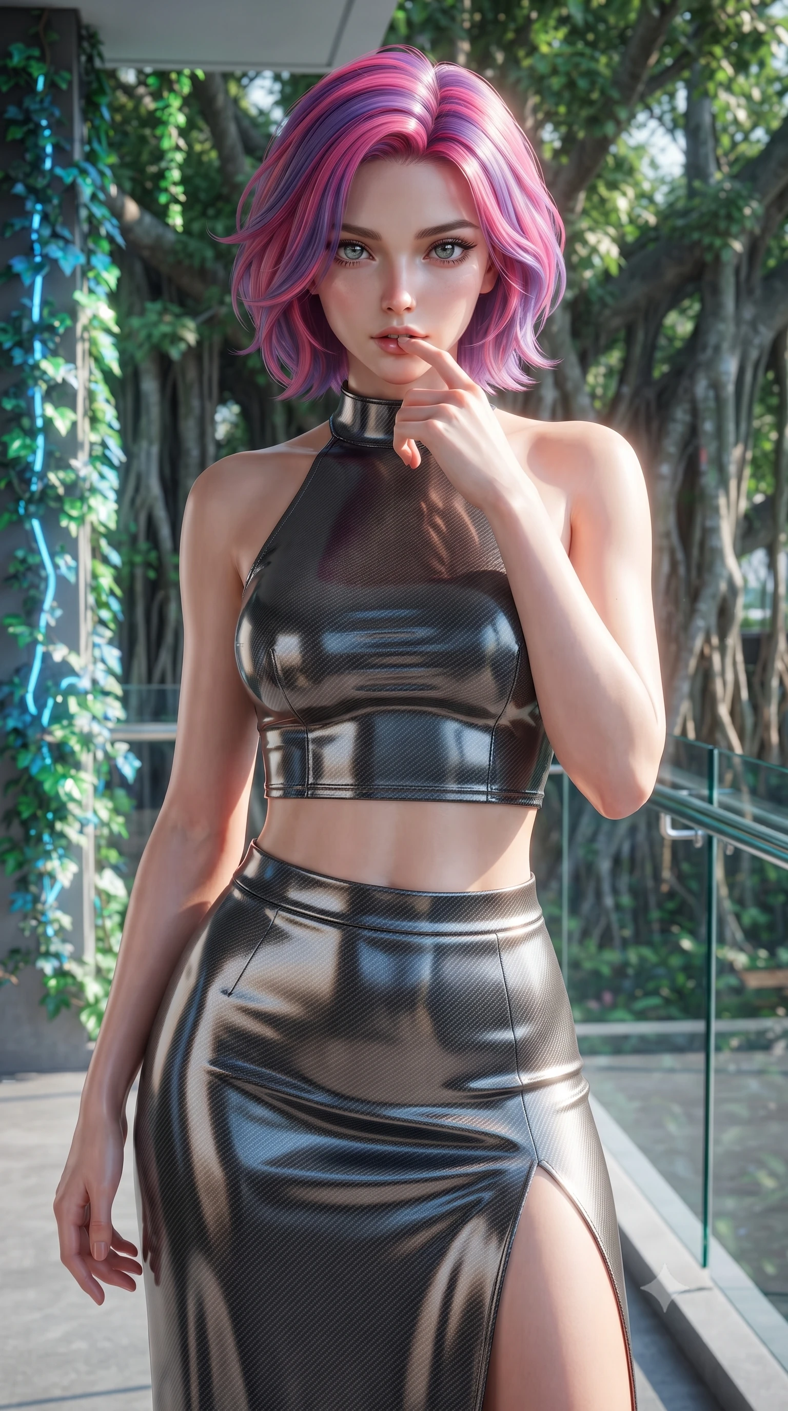score_9, masterpiece, best quality, ultra-detailed, high-budget anime keyframe, editorial fashion photography, tasteful artistic composition, Caucasian woman. close-up cowboy shot from the waist and thighs up, the character dominates the composition, filling the frame with her large presence, background elements kept in soft focus. pressing one finger to her bottom lip in a thoughtful, composed gesture, locking eyes with the viewer, the background shows a soft-focus a banyan tree balcony decorated with climbing neon ivy and glass railings. She has an exceptionally elegant, slender, and willowy female figure with an ultra-slim waist, a gracefully sculpted slender torso, and a refined silhouette. sharp v-shaped jawline, high-bridge nose, intricate jewel-like eyes with depth, thick eyelashes, glossy lips with a natural sheen. wearing a tailored carbon-fiber halter-neck crop top paired with a matching high-slit midi skirt, revealing her slim waist. bright morning sun rays creating fresh and energetic shadows on her gear. ultra-reflective glossy finish, specular highlights, metallic sheen, high-contrast stereoscopic depth, volumetric dynamic lighting, 2k, ultra detail, master piece, 9:16 ratio