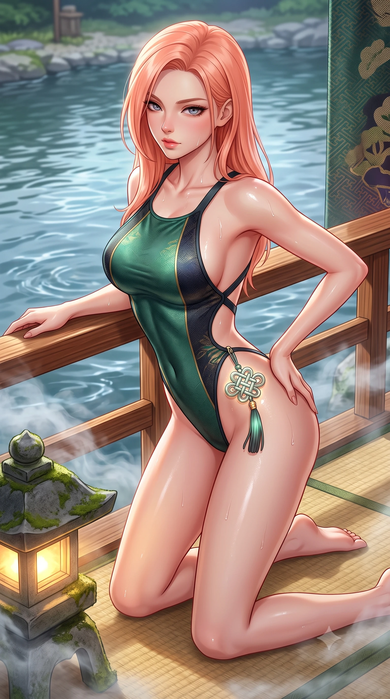 score_9, masterpiece, best quality, ultra-detailed, high-budget anime keyframe, semi-realistic 3D game render, editorial fashion photography, tasteful artistic composition, Japanese woman. close-up cowboy shot from the waist and thighs up, the character dominates the composition, filling the frame with her large presence. leaning forward against the polished railing with her hips cocked back, creating an intoxicating curve from her narrow waist to sculpted hips as she gazes back into the lens while kneeling gracefully on the warm tatami deck beside a glowing stone lantern, one hand resting on her bare hip as cool river mist curls around her. The surrounding environment is rendered in vivid detail and crisp panoramic clarity. detailed silk kimono weave, stone lantern moss textures, and river water ripples in high resolution. She has an exceptionally elegant, slender, and willowy female figure with an ultra-slim waist, a gracefully sculpted slender torso, toned flat midriff, and rounded feminine hips creating an alluring hourglass silhouette. sharp v-shaped jawline, high-bridge nose, intricate jewel-like eyes with depth, thick eyelashes, glossy parted lips with a natural sheen, intensely captivating and seductive bedroom-eyes expression, flawlessly proportioned anatomical accuracy, strict slender model proportions, natural body alignment, perfectly sculpted long slender limbs, ultra-slim waistline, clean dynamic posture without body distortion. wearing a second-skin thermal onsen monokini with high-cut hip openings and crossed back straps in jade green and dark obsidian, woven from lightweight fluid silk brocade with woven gold thread, accented with a glowing metallic norigae knot charm resting against her hip, the second-skin form-contouring cut accentuating her sculpted flat midriff, narrow waistline, and dramatically curvy hips without adding bulk. illuminated by wet specular highlights accentuating her slender neckline, sculpted waist, and rounded hips. highly saturated vibrant anime colors, detailed shading with soft gradients, rich glossy textures, high-contrast stereoscopic depth, volumetric dynamic lighting, master piece, 9:16 ratio
